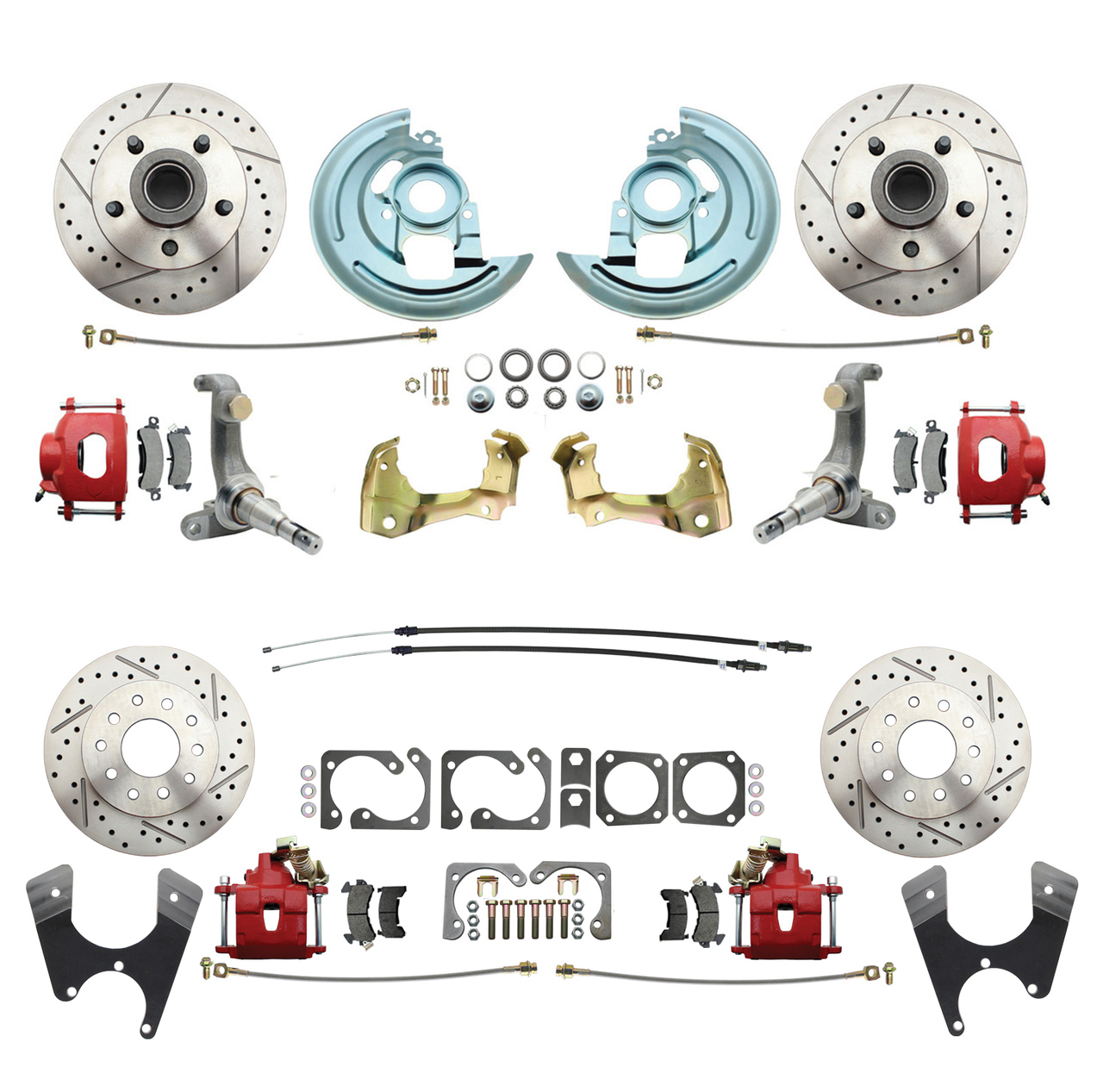 1962-1967 Chevrolet Nova Front & Rear Disc Brake Conversion Kit Drilled & Slotted Rotors & Powder Coated Red Calipers