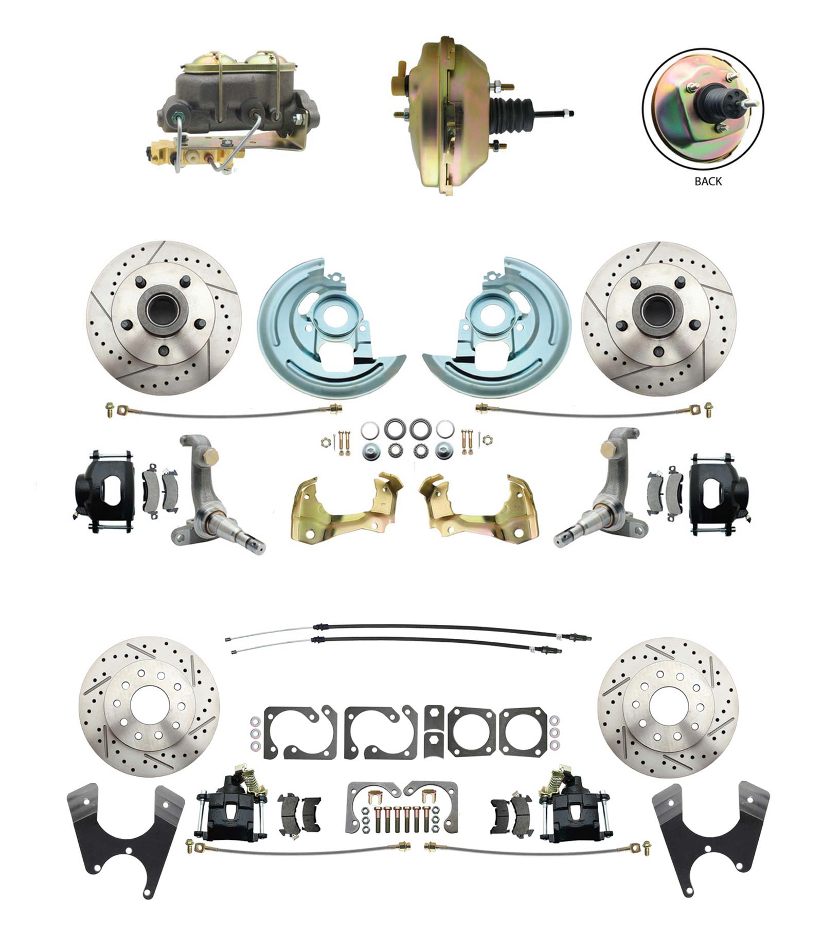 1962-1967 Nova Power Front & Rear Disc Brake Conversion Kit  Drilled Slotted Rotors Black Calipers W/ 9 3 Stud Booster