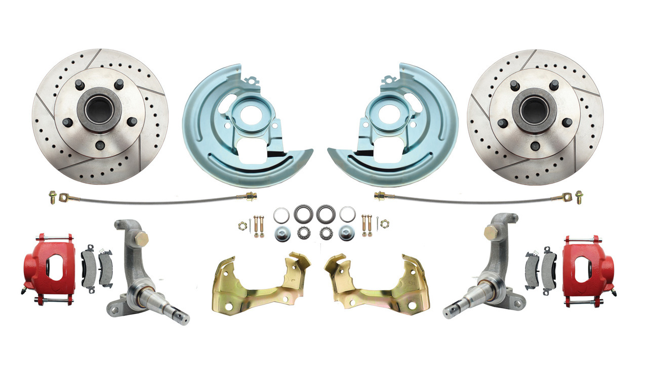 1962-1967 Chevy Nova X-Body Disc Brake Kit Drilled & Slotted Rotors & Powder Coated Red Calipers