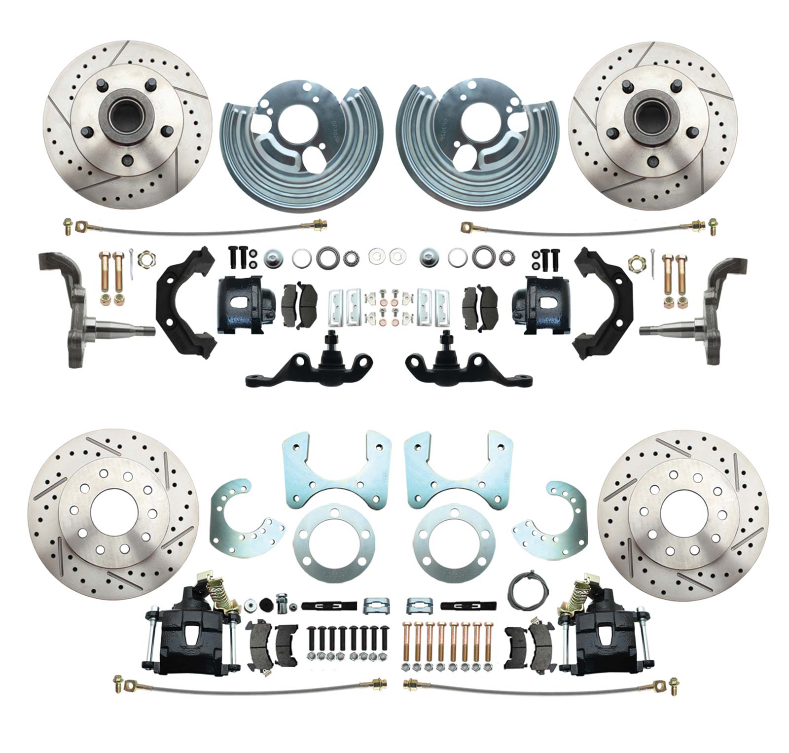 DBK6272834A-45LXB - 1962-1972 Mopar A Body Front & Rear Large Bolt Pattern Disc Brake Conversion Kit W Powder Coated Black Calipers/ Drilled & Slotted Rotors
