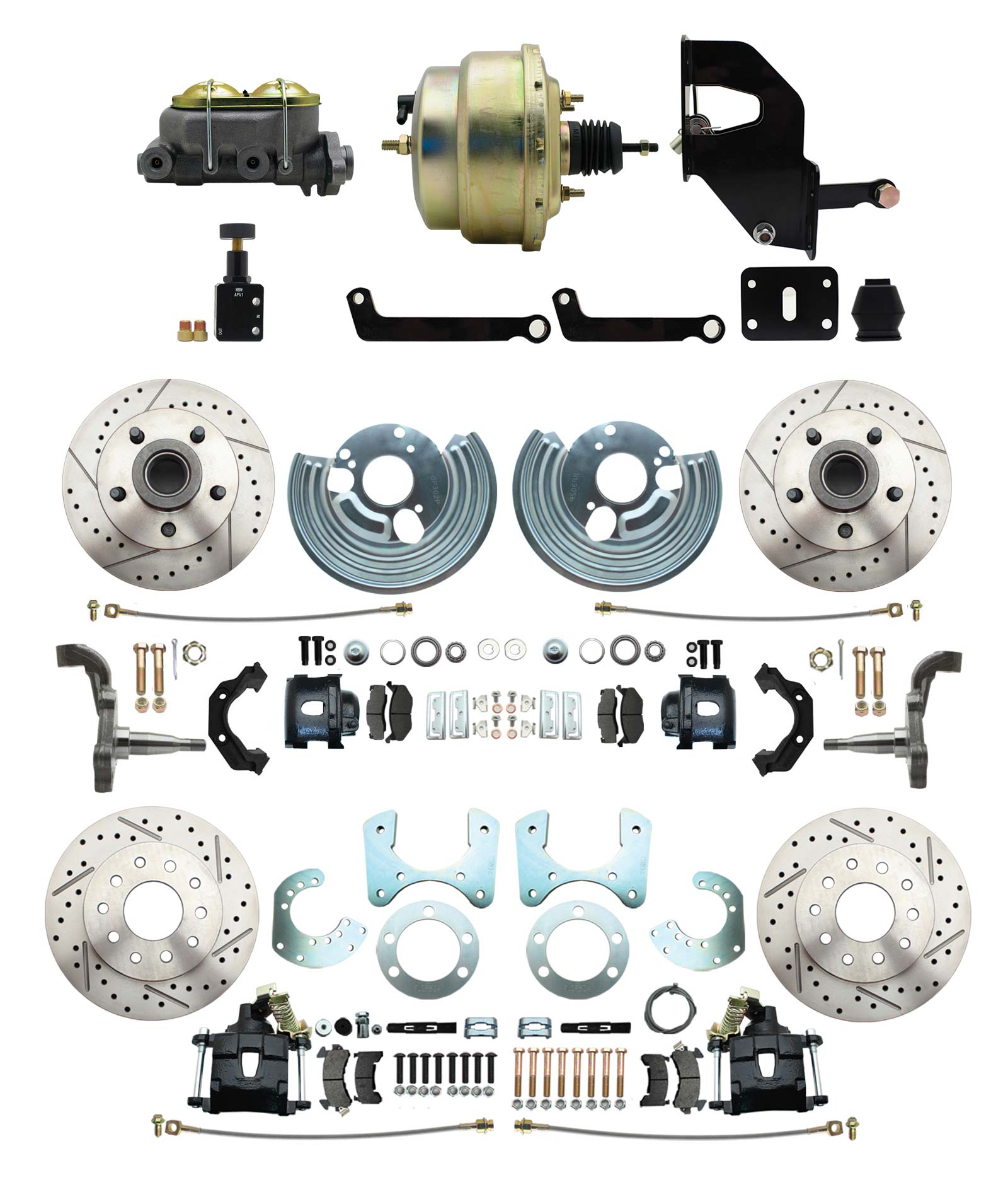 1962-72 Mopar B&E Body Front & Rear Disc Brake Conversion Kit W/ Drilled & Slotted Rotors & Powder Coated Black Calipers ( Charger, Challenger, Coronet) W/ 8 Dual Zinc Booster Conversion Kit W/ Adjustable Valve