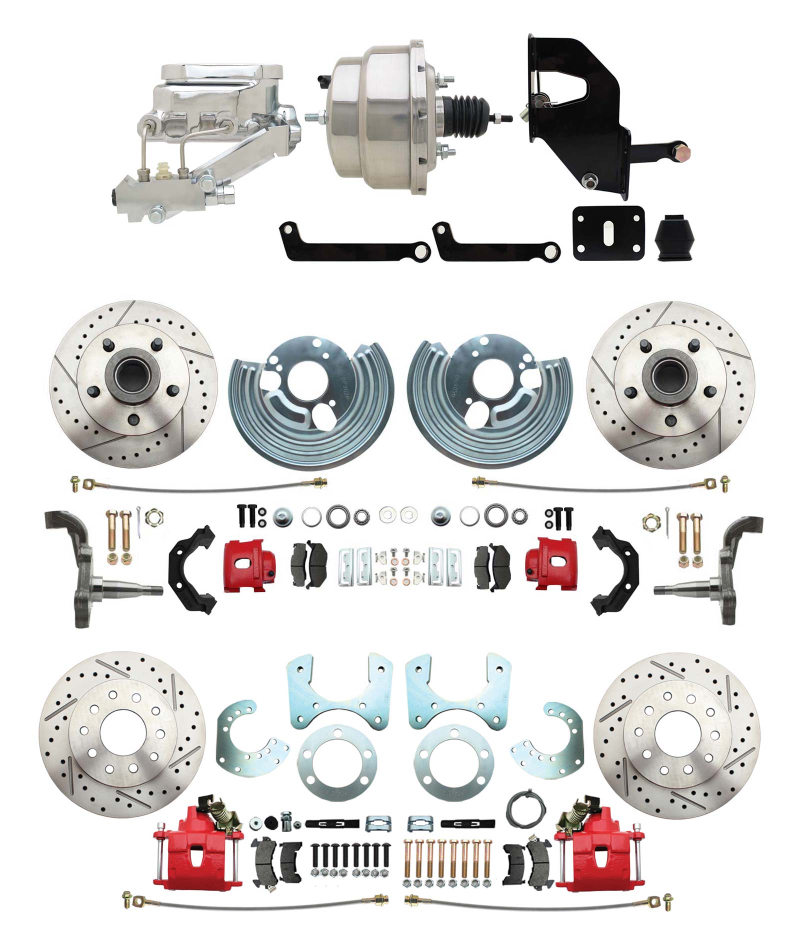 1962-72 Mopar B&E Body Front & Rear Disc Brake Conversion Kit W/ Drilled & Slotted Rotors & Powder Coated Red Calipers ( Charger, Challenger, Coronet) W/ 8 Dual Chrome Booster Conversion Kit W/ Flat Top Chrome Master Kit