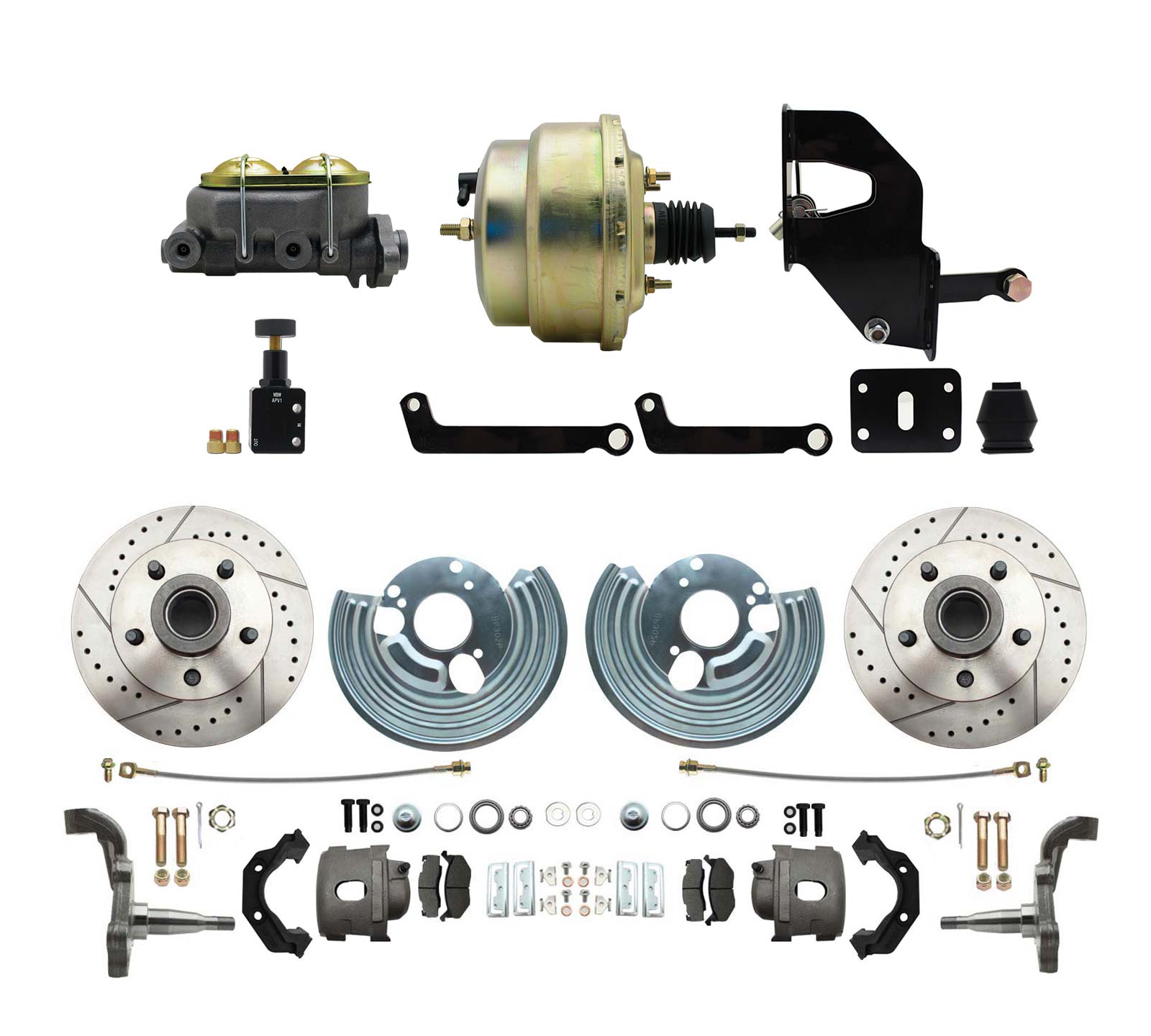 1962-1972 Mopar B & E Body  Front Disc Brake Conversion Kit W/ Drilled & Slotted Rotors ( Charger, Challenger, Coronet) W/ 8 Dual Zinc Booster Conversion Kit W/ Adjustable Proportioning Valve