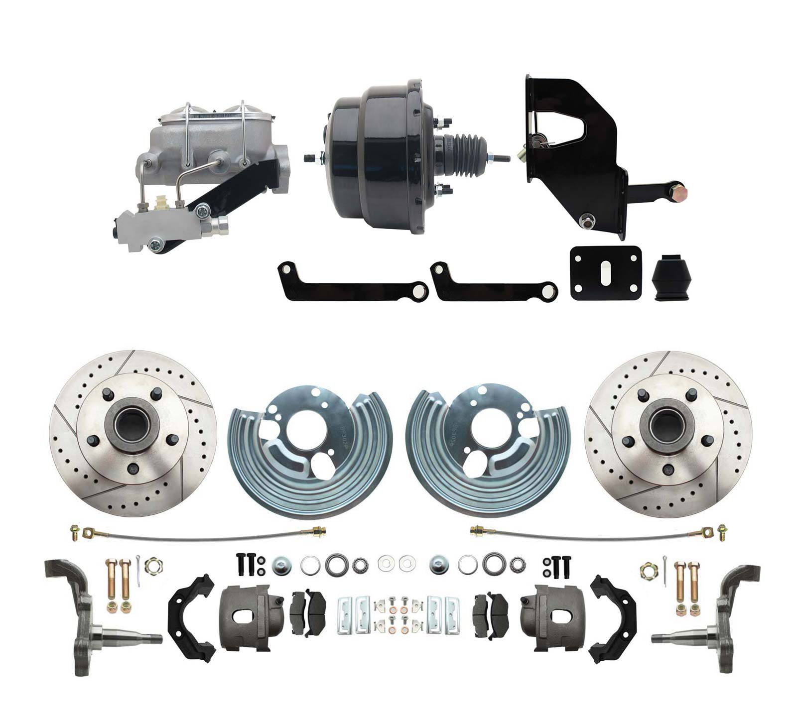 1962-72 Mopar B&E Body Front Disc Brake Conversion Kit W/ Drilled & Slotted Rotors ( Charger, Challenger, Coronet) W/ 8 Dual Powder Coated Black Booster Conversion Kit W/ Aluminum Dual Bail Master Cylinder & Proportioning Valve Kit