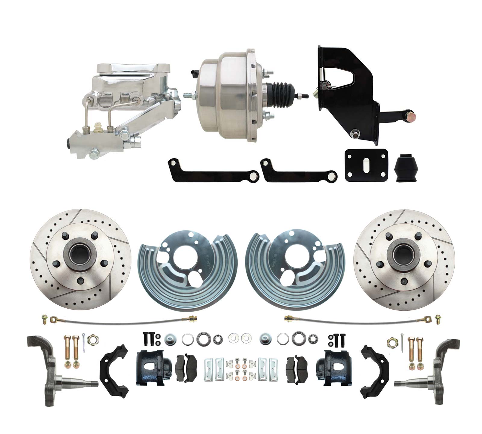 1962-72 Mopar B&E Body  Front  Disc Brake Conversion Kit W/ Drilled & Slotted Rotors & Powder Coated Black Calipers ( Charger, Challenger, Coronet) W/ 8 Dual Chrome Booster Conversion Kit W/ Flat Top Chrome Master Cylinder & Valve