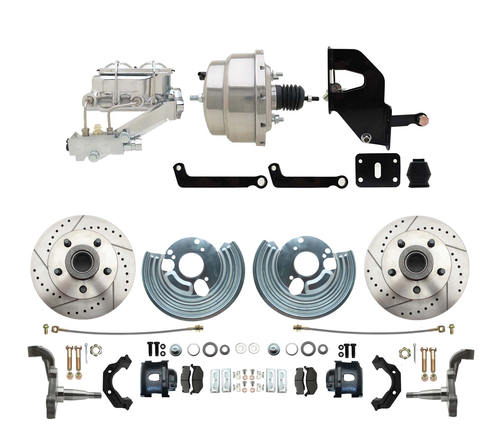 1962-1972 Mopar B & E Body  Front  Disc Brake Conversion Kit W/ Drilled & Slotted Rotors & Powder Coated Black Calipers ( Charger, Challenger, Coronet) W/ 8 Dual Chrome Booster Conversion Kit W/ Dual Bail Chrome Master Cylinder