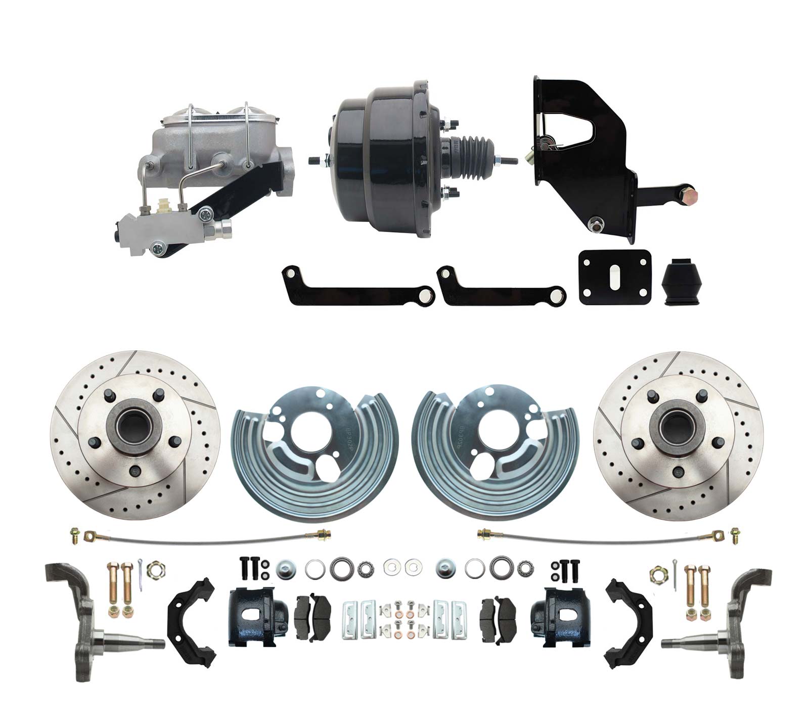 1962-72 Mopar B&E Body Front Disc Brake Conversion Kit W/ Drilled & Slotted Rotors & Powder Coated Black Calipers ( Charger, Challenger, Coronet) W/ 8 Dual Powder Coated Black Booster Conversion Kit Aluminum Dual Master  & Valve
