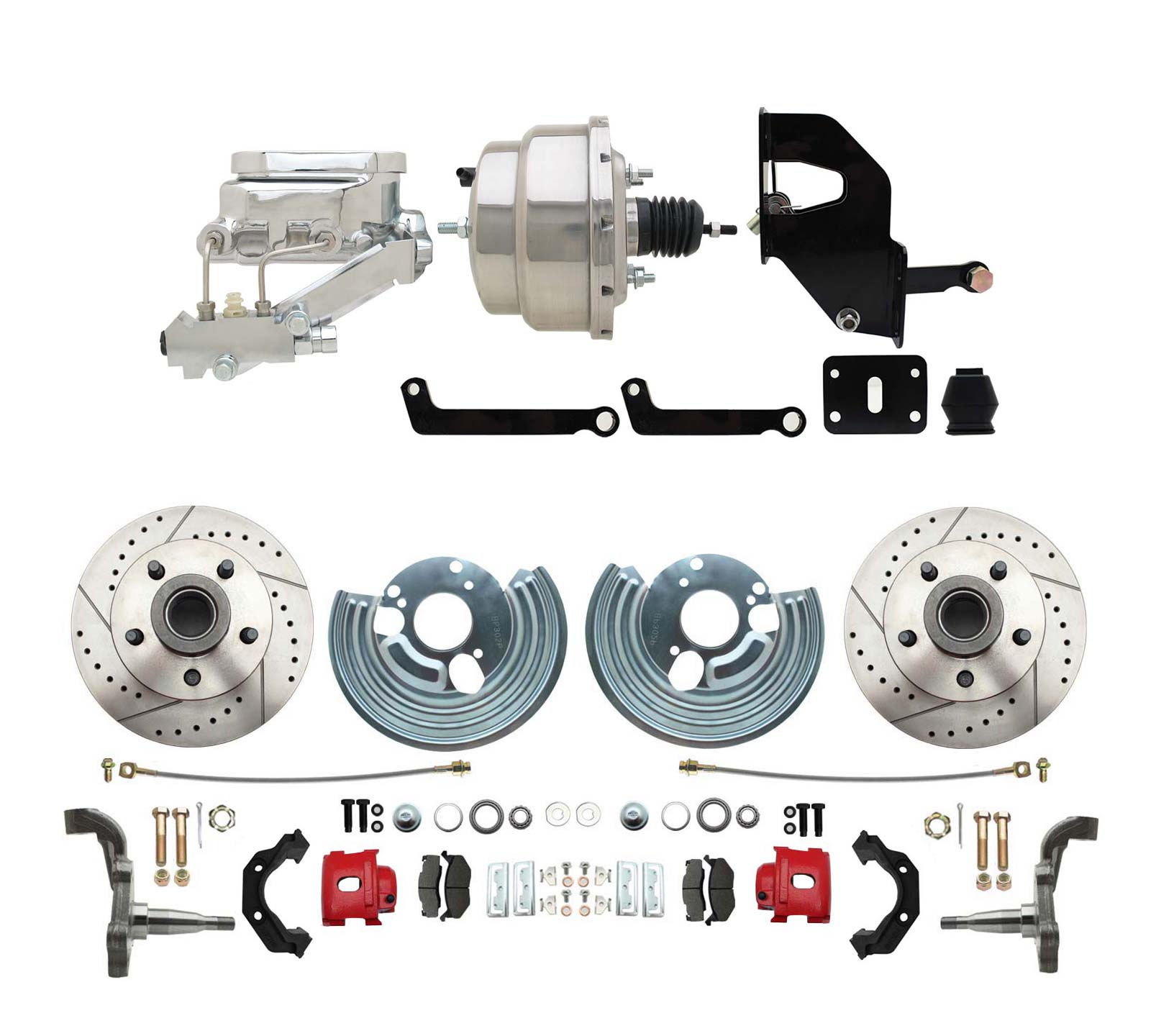 1962-72 Mopar B&E Body  Front Disc Brake Conversion Kit W/ Drilled & Slotted Rotors & Powder Coated Red Calipers ( Charger, Challenger, Coronet) W/ 8 Dual Chrome Booster Conversion Kit W/ Flat Top Chrome Master & Valve