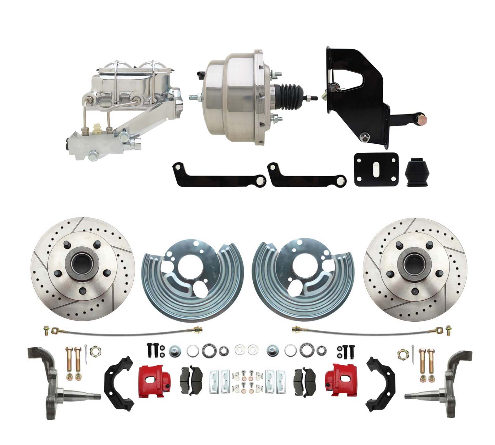 1962-72 Mopar B&E Body  Front Disc Brake Conversion Kit W/ Drilled & Slotted Rotors & Powder Coated Red Calipers ( Charger, Challenger, Coronet) W/ 8 Dual Chrome Booster Conversion Kit W/ Dual Bail Chrome Master Cylinder & Valve
