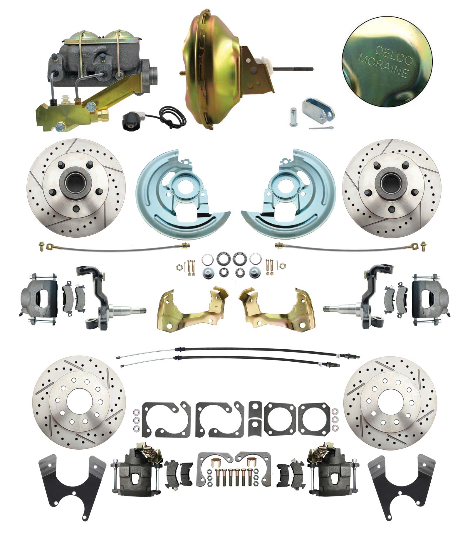 1964-1972 GM A Body Front & Rear Power Disc Brake Conversion Kit Drilled & Slotted Rotors W/ 11 Delco Stamped Booster Kit & Casting Number Master