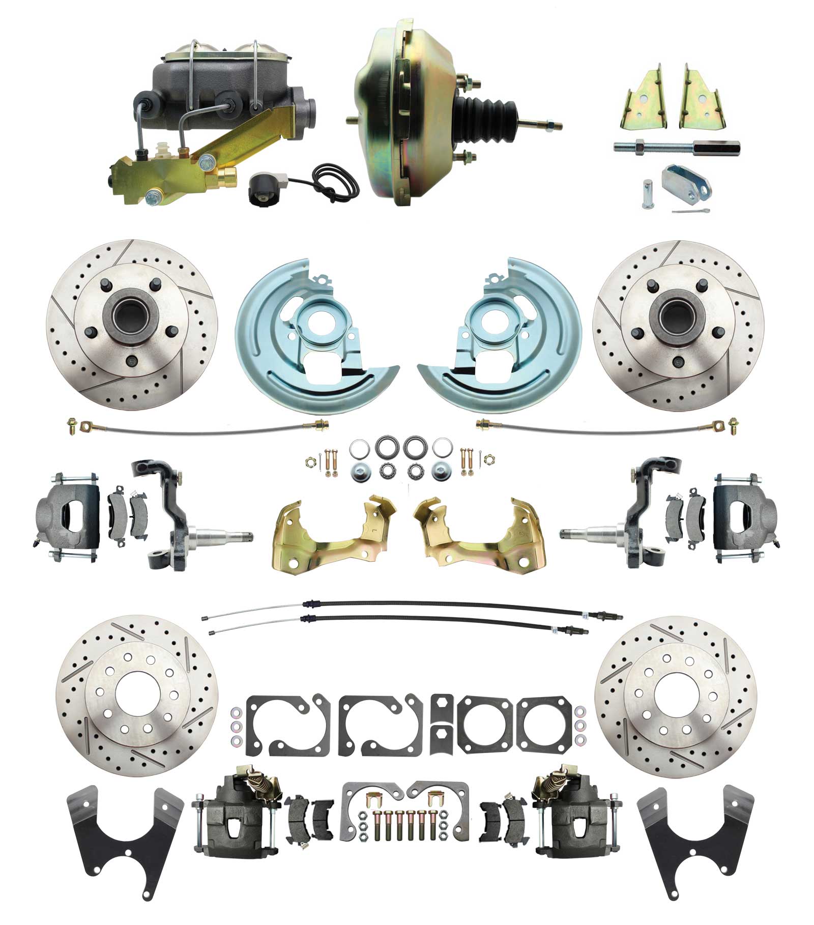 1964-1972 GM A Body Front & Rear Power Disc Brake Conversion Kit Drilled & Slotted Rotors W/ W/ 9 Dual Zinc Booster Kit
