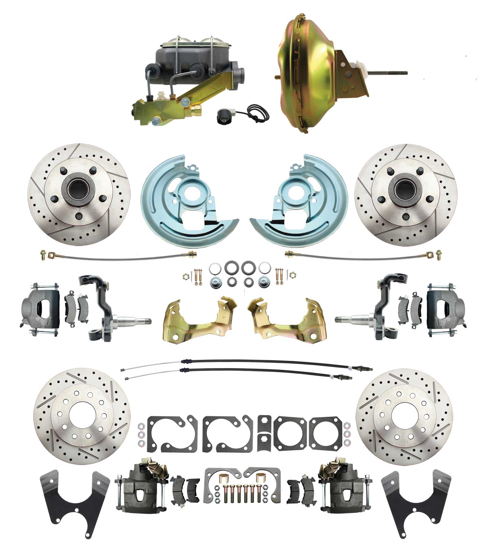 1964-1972 GM A Body Front & Rear Power Disc Brake Conversion Kit Drilled & Slotted Rotors W/ 11 Delco Stamped Booster Kit