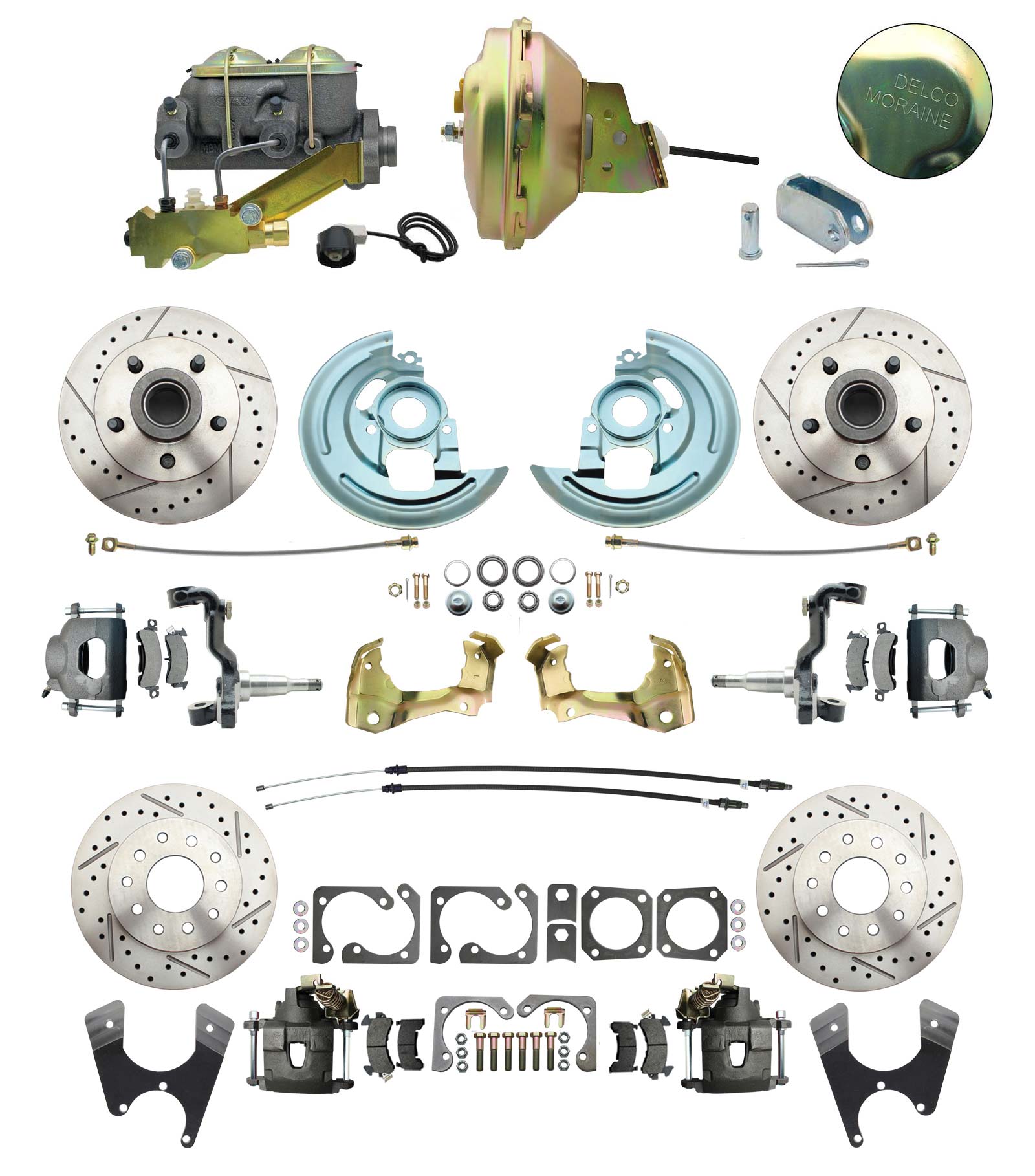 1964-1972 GM A Body Front & Rear Power Disc Brake Conversion Kit Drilled & Slotted Rotors W/ 9 Delco Stamped Booster Kit & Casting Number Master
