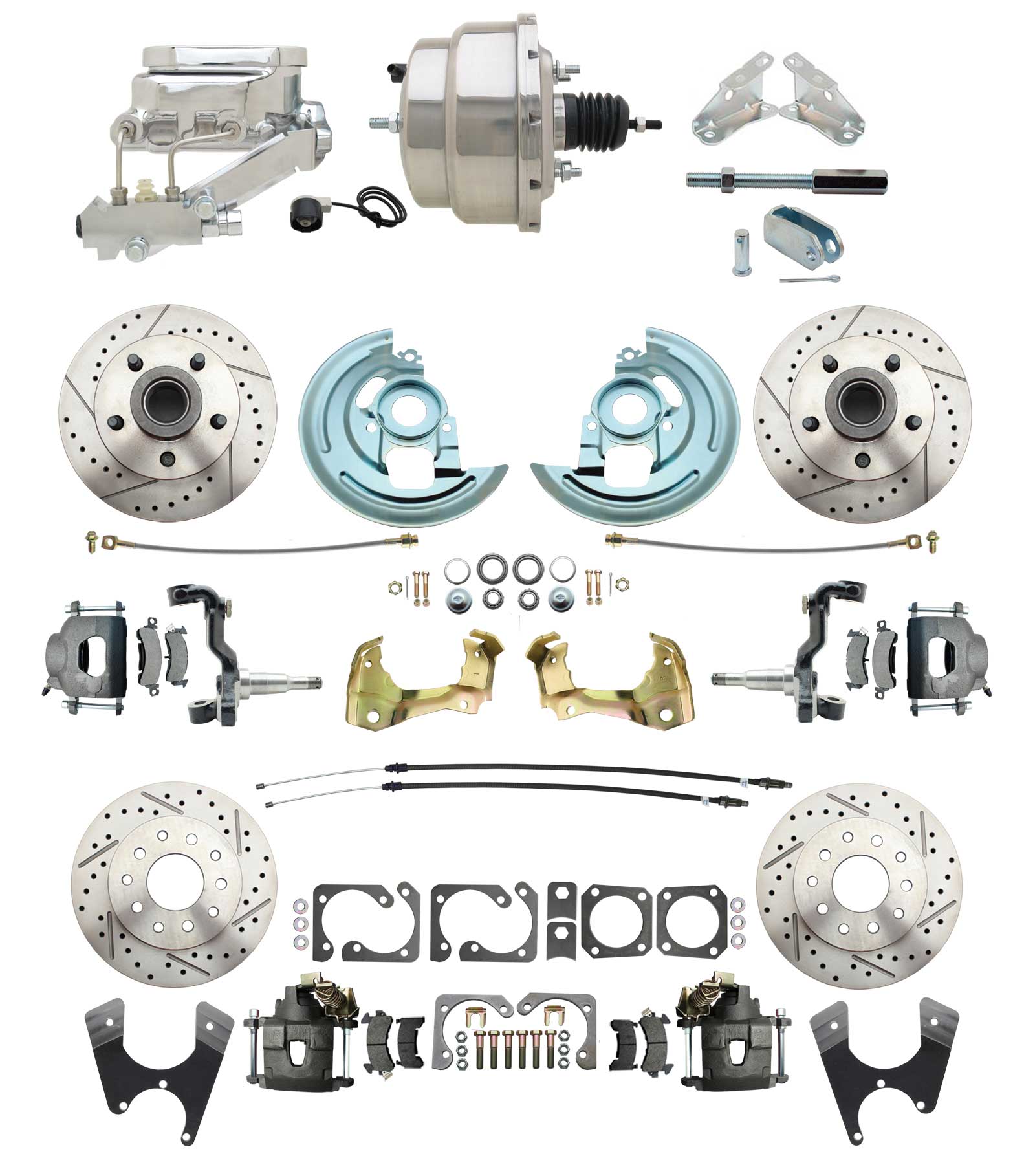 1964-1972 GM A Body Front & Rear Power Disc Brake Conversion Kit Drilled & Slotted Rotors W/8 Dual Chrome Flat Top Booster Kit