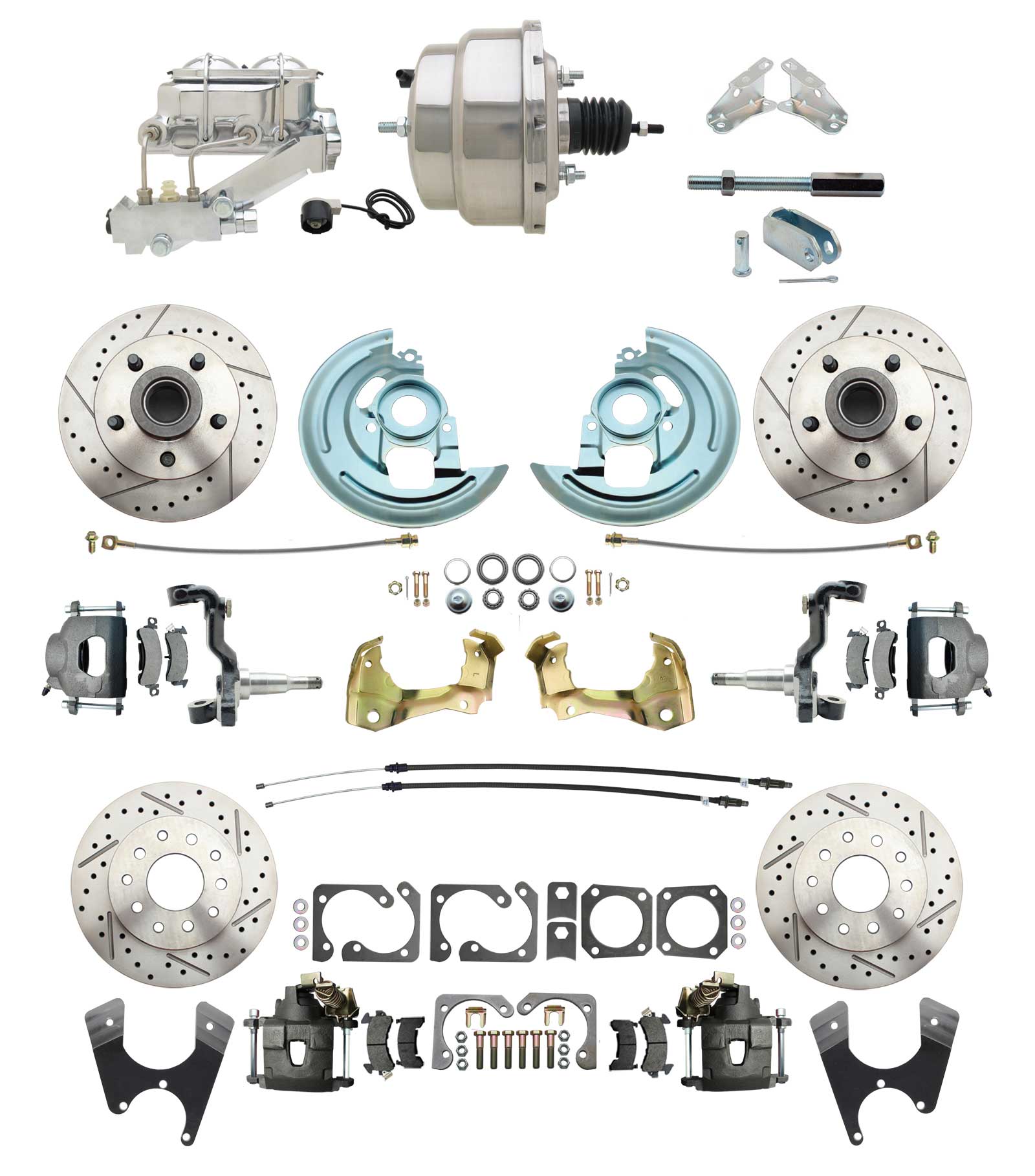 1964-1972 GM A Body Front & Rear Power Disc Brake Conversion Kit Drilled & Slotted Rotors W/ 8 Dual Chrome Booster Kit