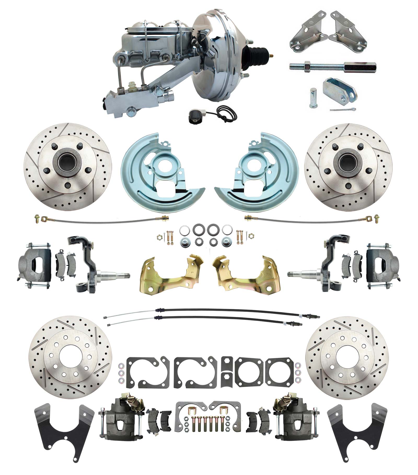 1964-1972 GM A Body Front & Rear Power Disc Brake Conversion Kit Drilled/ Slotted Rotors W/ 9 Chrome Booster Kit