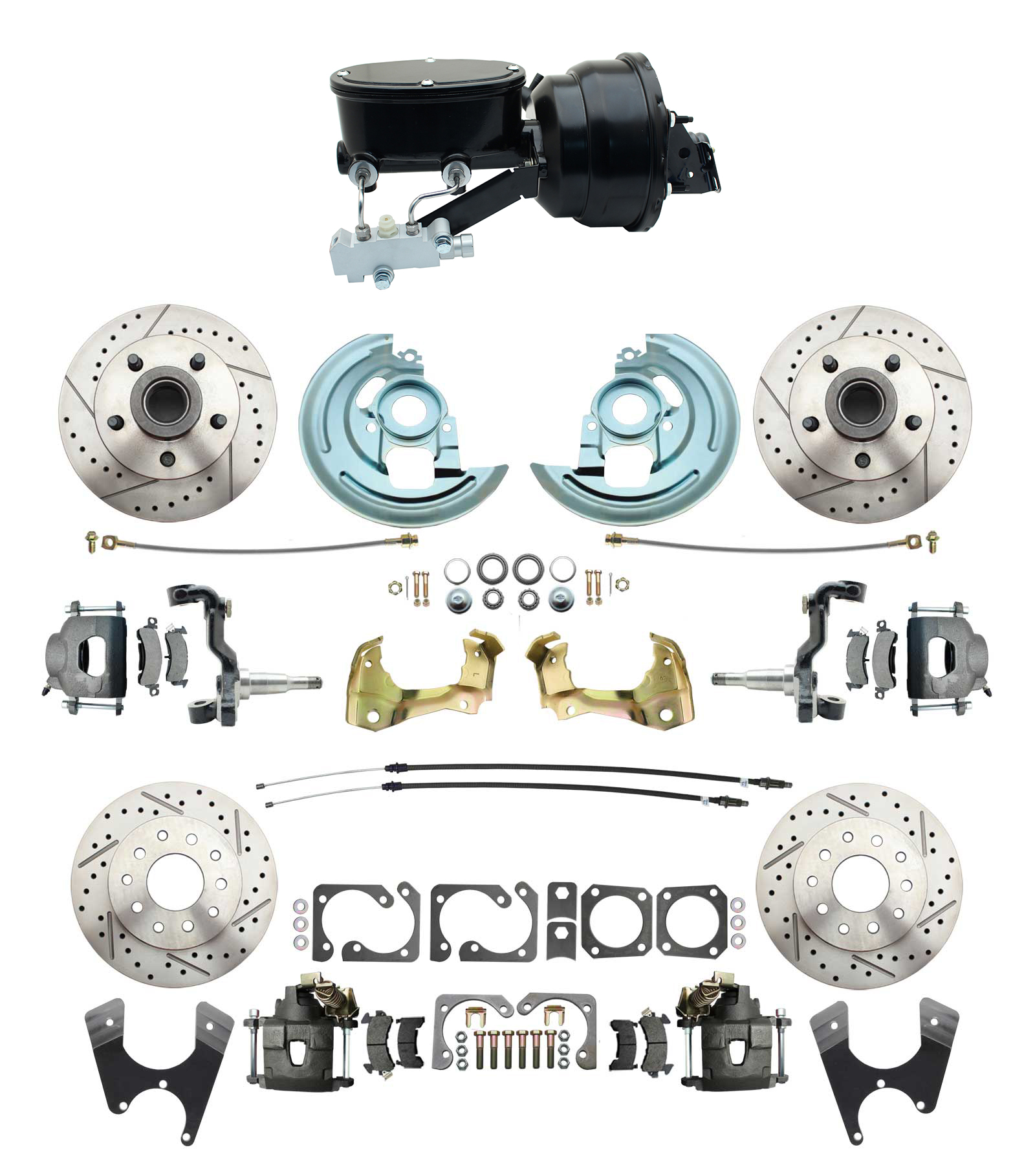 1964-1972 GM A Body Front & Rear Power Disc Brake Conversion Kit Drilled & Slotted Rotors W/ 8Dual Zinc Booster Kit W/ Wilwood Style 8 Dual Powder Coated Black Booster Kit