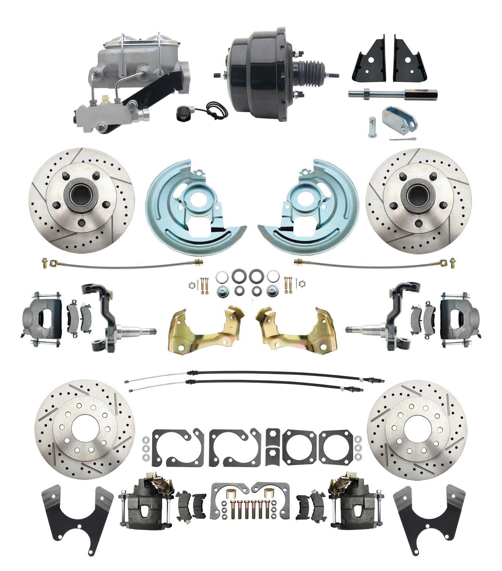 1964-1972 GM A Body Front & Rear Power Disc Brake Conversion Kit Drilled & Slotted Rotors W/ 8 Dual Powder Coated Black Booster Kit