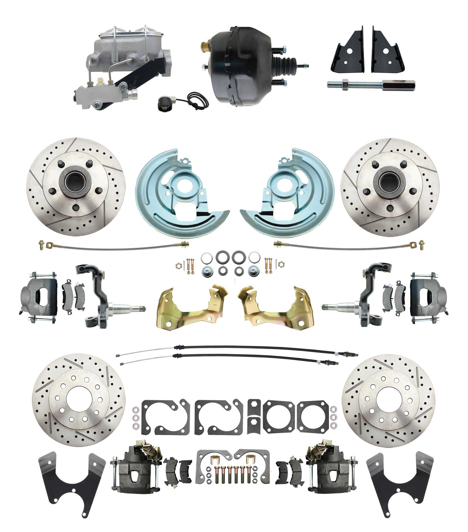 1964-1972 GM A Body Front & Rear Power Disc Brake Conversion Kit Drilled & Slotted Rotors W/ 9 Dual Powder Coated Black Booster Kit