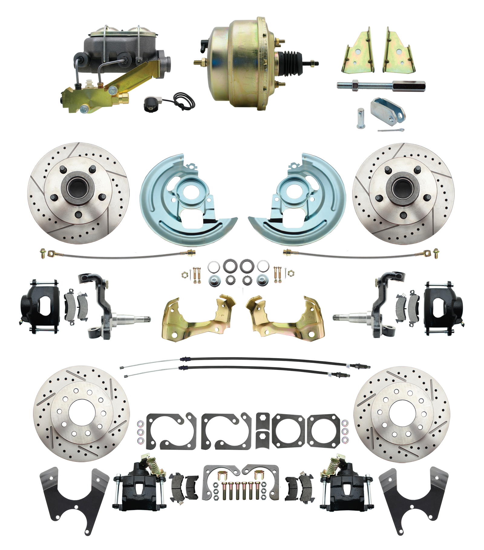 1964-1972 GM A Body Front & Rear Power Disc Brake Conversion Kit Drilled & Slotted & Powder Coated Black Calipers Rotors W/ 8Dual Zinc Booster Kit