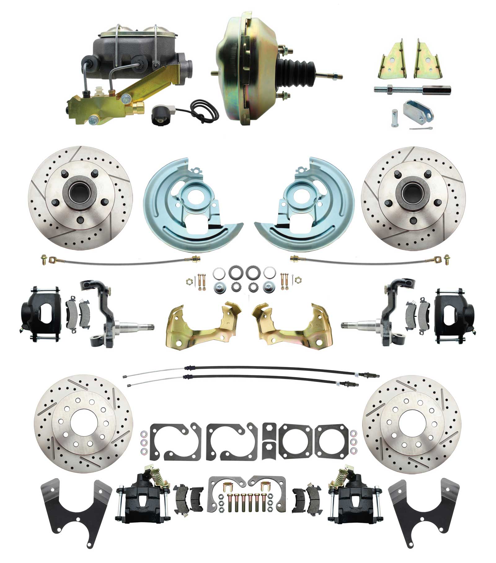 1964-1972 GM A Body Front & Rear Power Disc Brake Conversion Kit Drilled & Slotted & Powder Coated Black Calipers Rotors W/9 Dual Zinc Booster Kit
