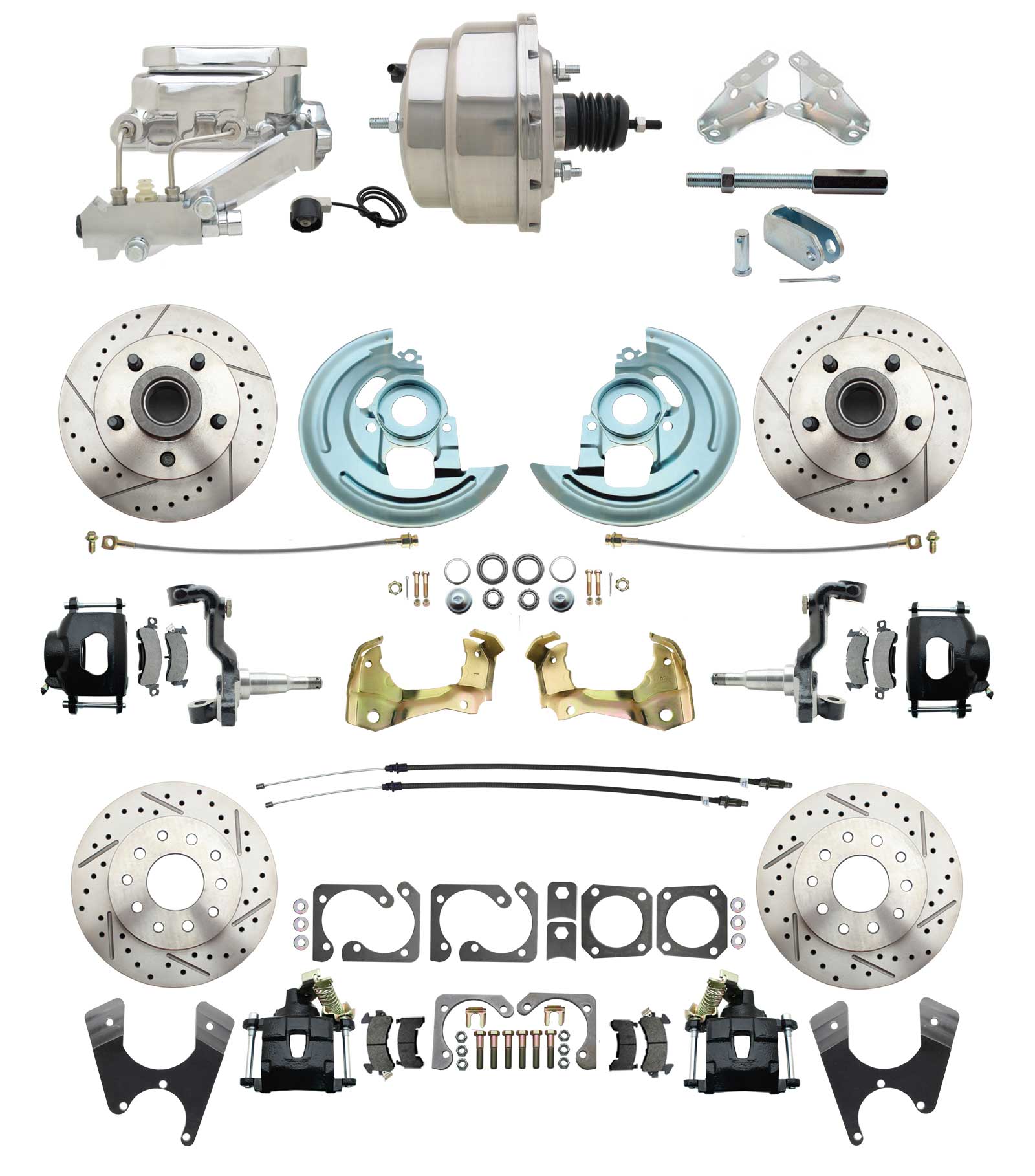 1964-1972 GM A Body Front & Rear Power Disc Brake Conversion Kit Drilled & Slotted & Powder Coated Black Calipers Rotors W/8 Dual Chrome Flat Top Booster Kit