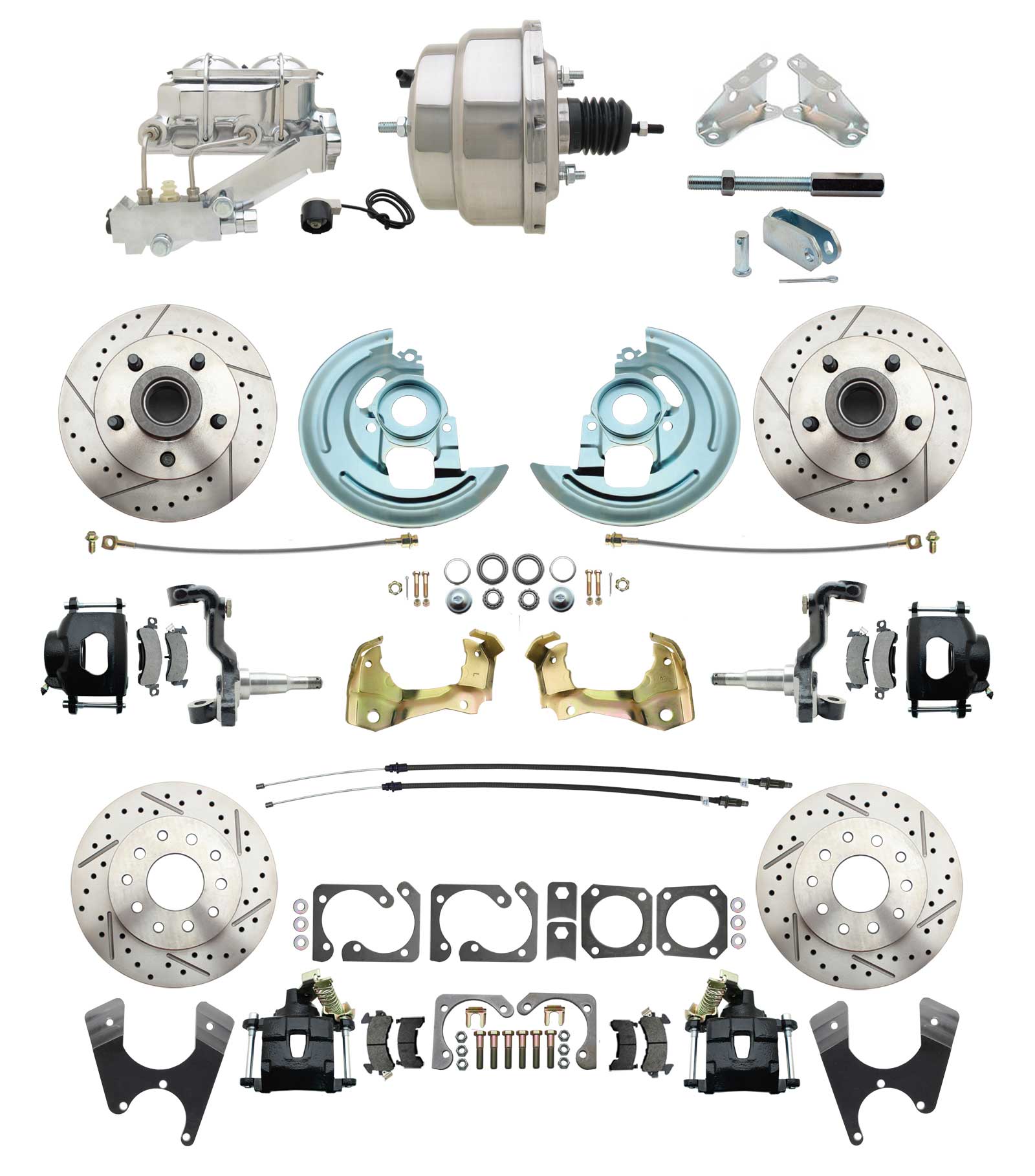 1964-1972 GM A Body Front & Rear Power Disc Brake Conversion Kit Drilled & Slotted & Powder Coated Black Calipers Rotors W/ 8 Dual Chrome Booster Kit