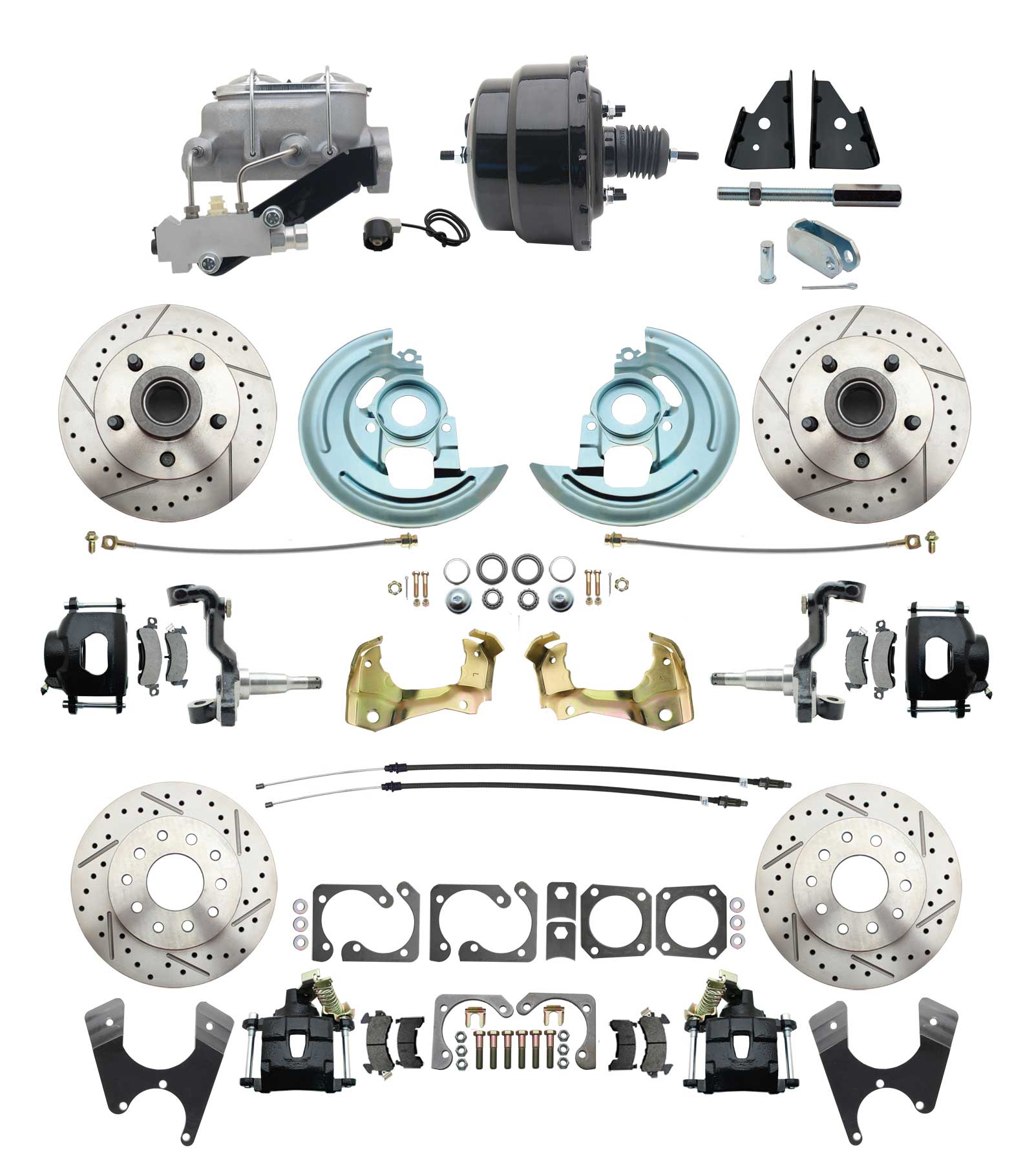 1964-1972 GM A Body Front & Rear Power Disc Brake Conversion Kit Drilled & Slotted & Powder Coated Black Calipers Rotors W/ 8 Dual Powder Coated Black Booster Kit