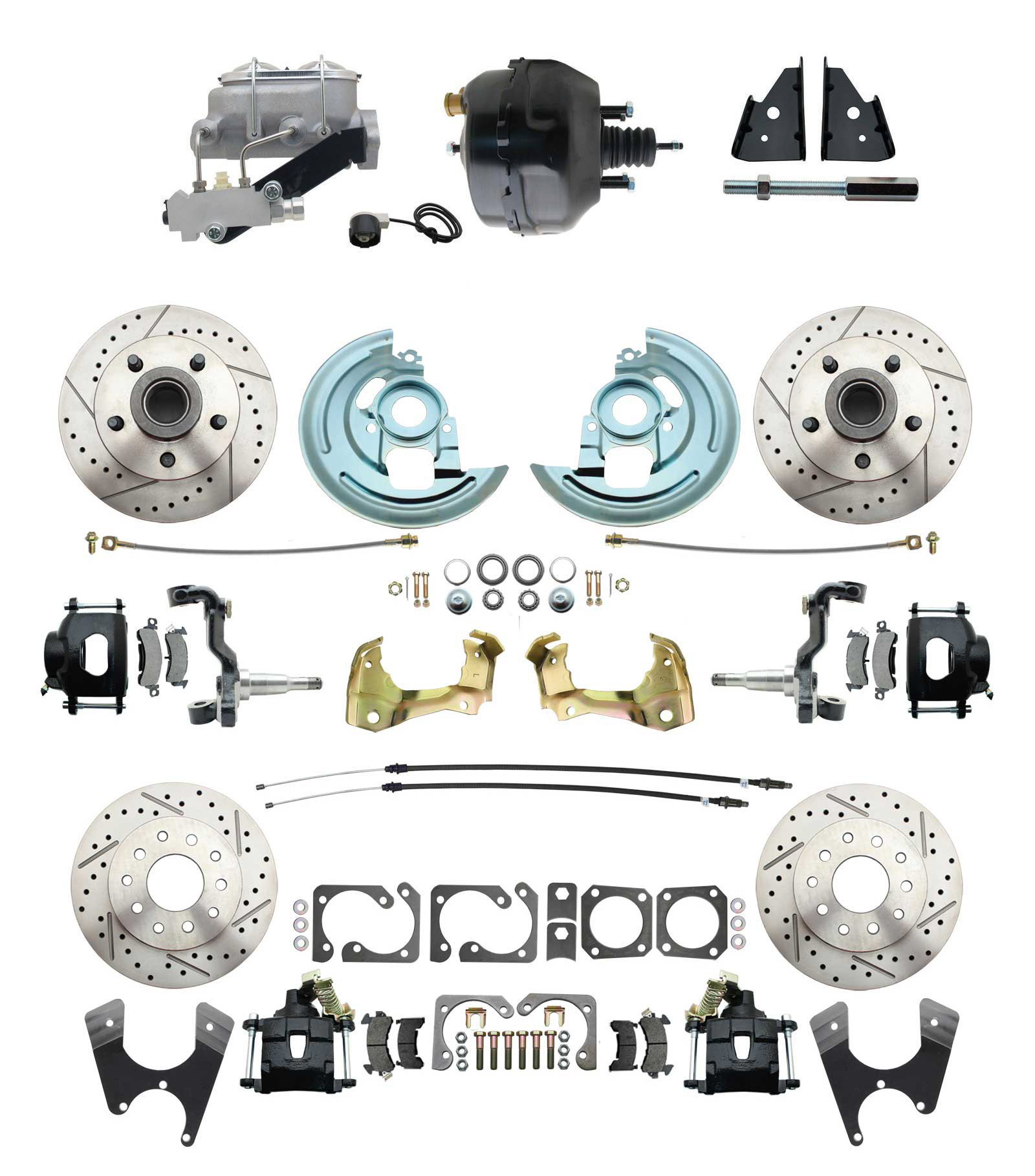 1964-1972 GM A Body Front & Rear Power Disc Brake Conversion Kit Drilled & Slotted & Powder Coated Black Calipers Rotors 9 Dual Powder Coated Black Booster Kit