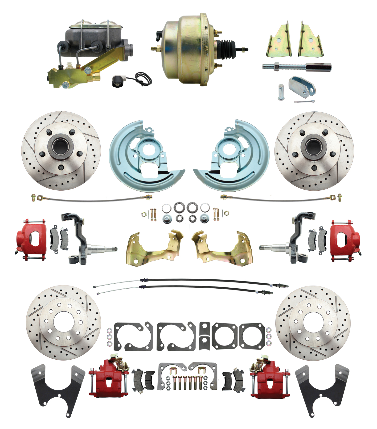 1964-1972 GM A Body Front & Rear Power Disc Brake Conversion Kit Drilled & Slotted & Powder Coated Red Calipers Rotors W/ 8Dual Zinc Booster Kit
