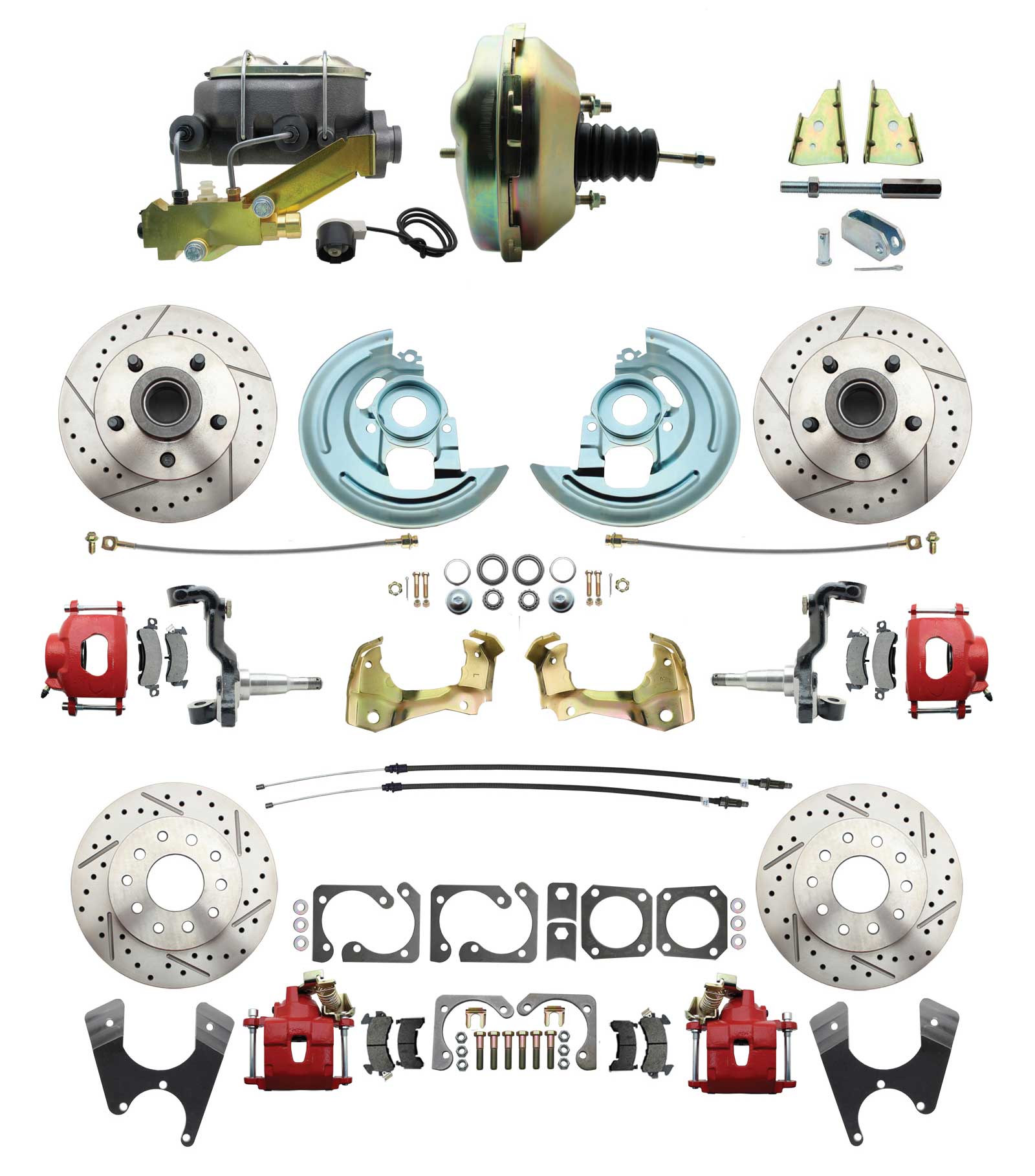 1964-1972 GM A Body Front & Rear Power Disc Brake Conversion Kit Drilled & Slotted & Powder Coated Red Calipers Rotors W/9 Dual Zinc Booster Kit