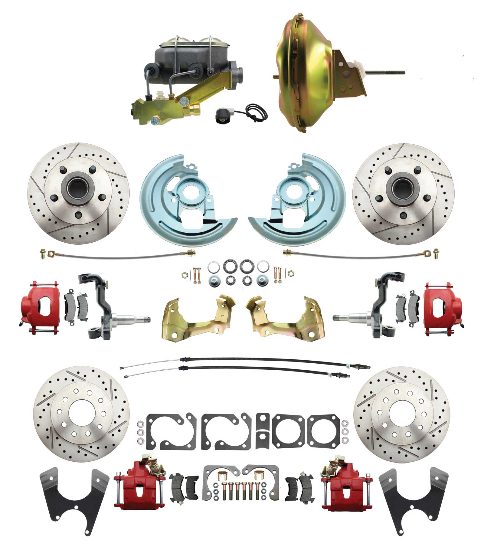 1964-1972 GM A Body Front & Rear Power Disc Brake Conversion Kit Drilled & Slotted & Powder Coated Red Calipers Rotors W/ 11 Delco Stamped Booster Kit
