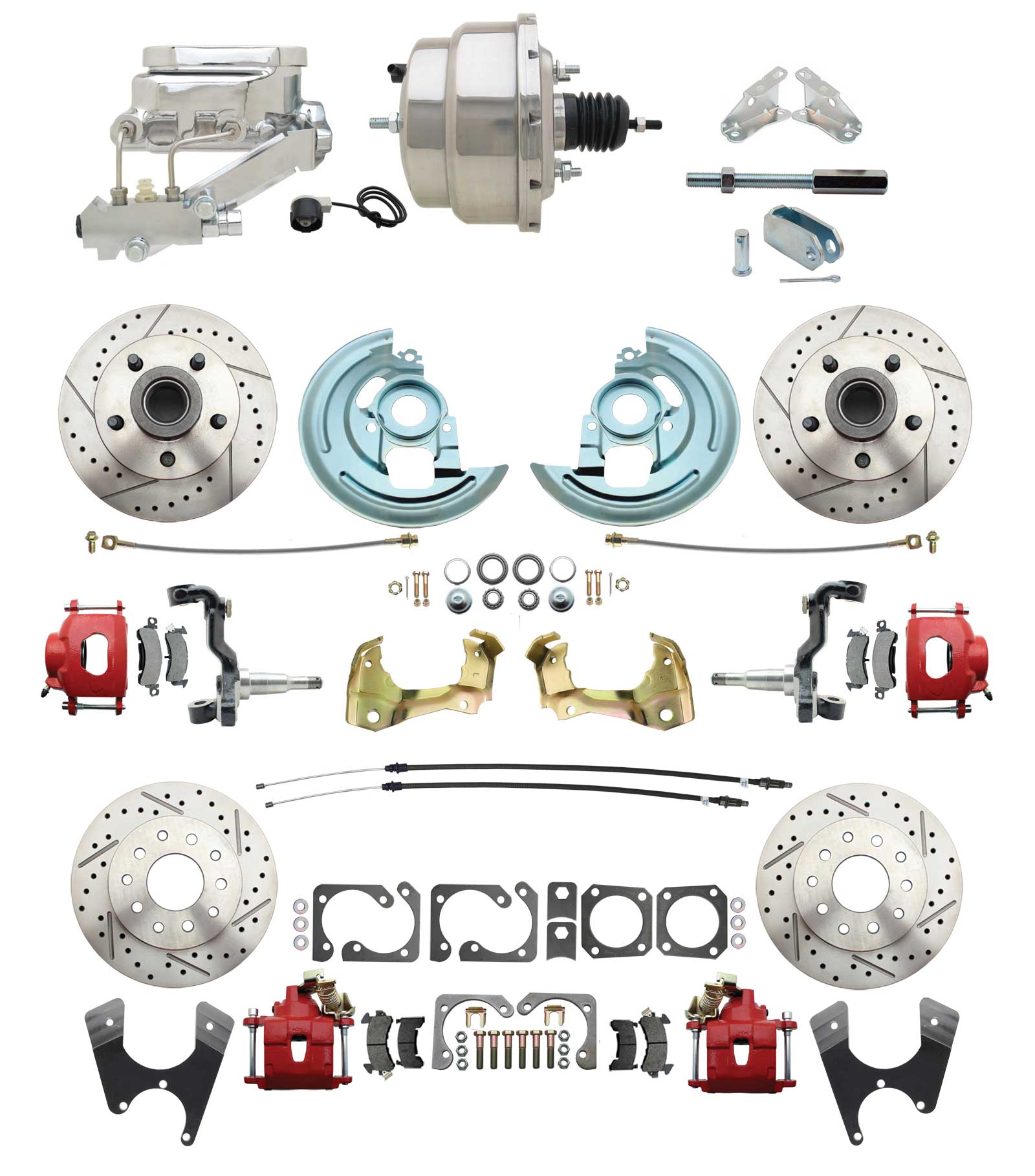 1964-1972 GM A Body Front & Rear Power Disc Brake Conversion Kit Drilled & Slotted & Powder Coated Red Calipers Rotors W/8 Dual Chrome Flat Top Booster Kit