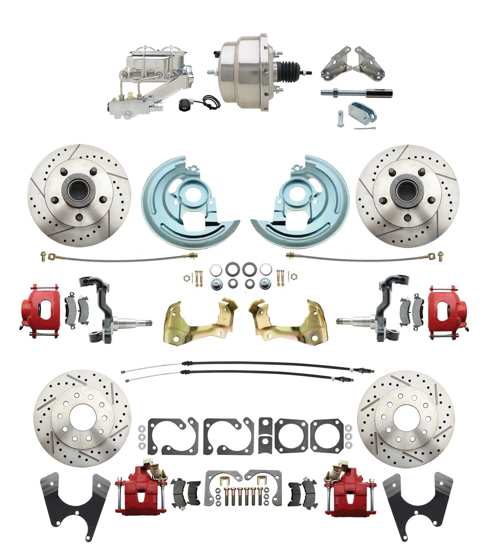 1964-1972 GM A Body Front & Rear Power Disc Brake Conversion Kit Drilled & Slotted & Powder Coated Red Calipers Rotors W/ 8 Dual Chrome Booster Kit