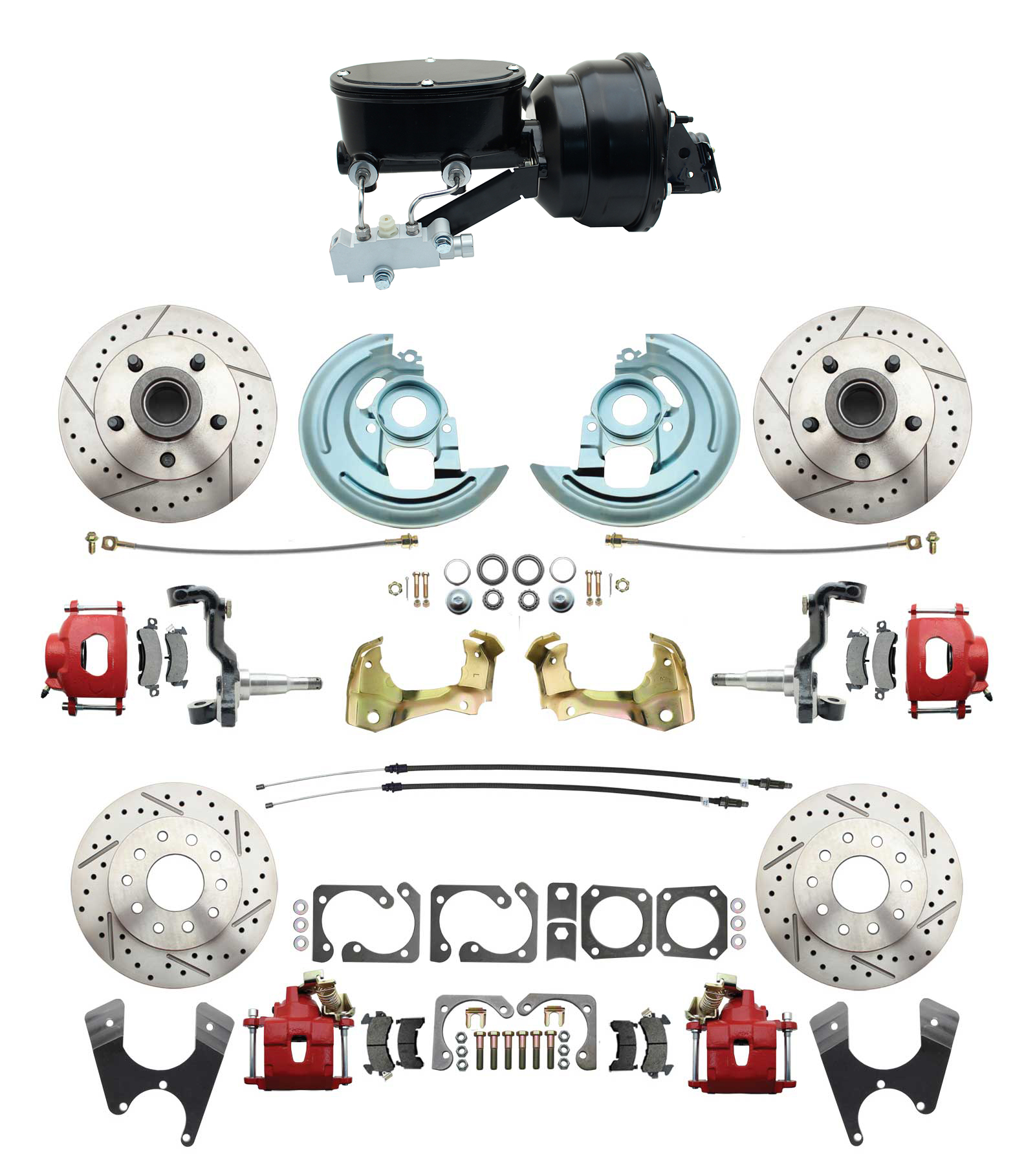 1964-1972 GM A Body Front & Rear Power Disc Brake Conversion Kit Drilled & Slotted & Powder Coated Red Calipers Rotors W/ Wilwood Style 8 Dual Powder Coated Black Booster Kit