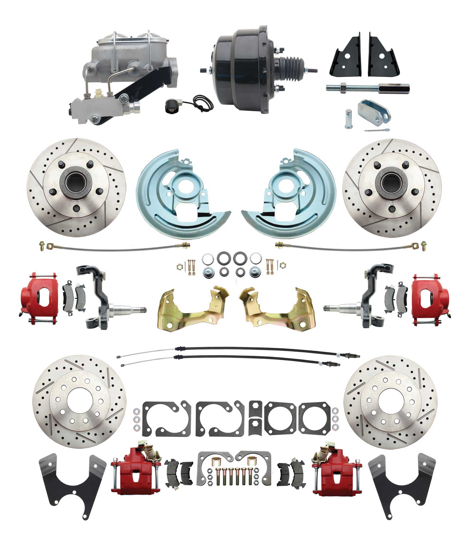 1964-1972 GM A Body Front & Rear Power Disc Brake Conversion Kit Drilled & Slotted & Powder Coated Red Calipers Rotors W/ 8 Dual Powder Coated Black Booster Kit