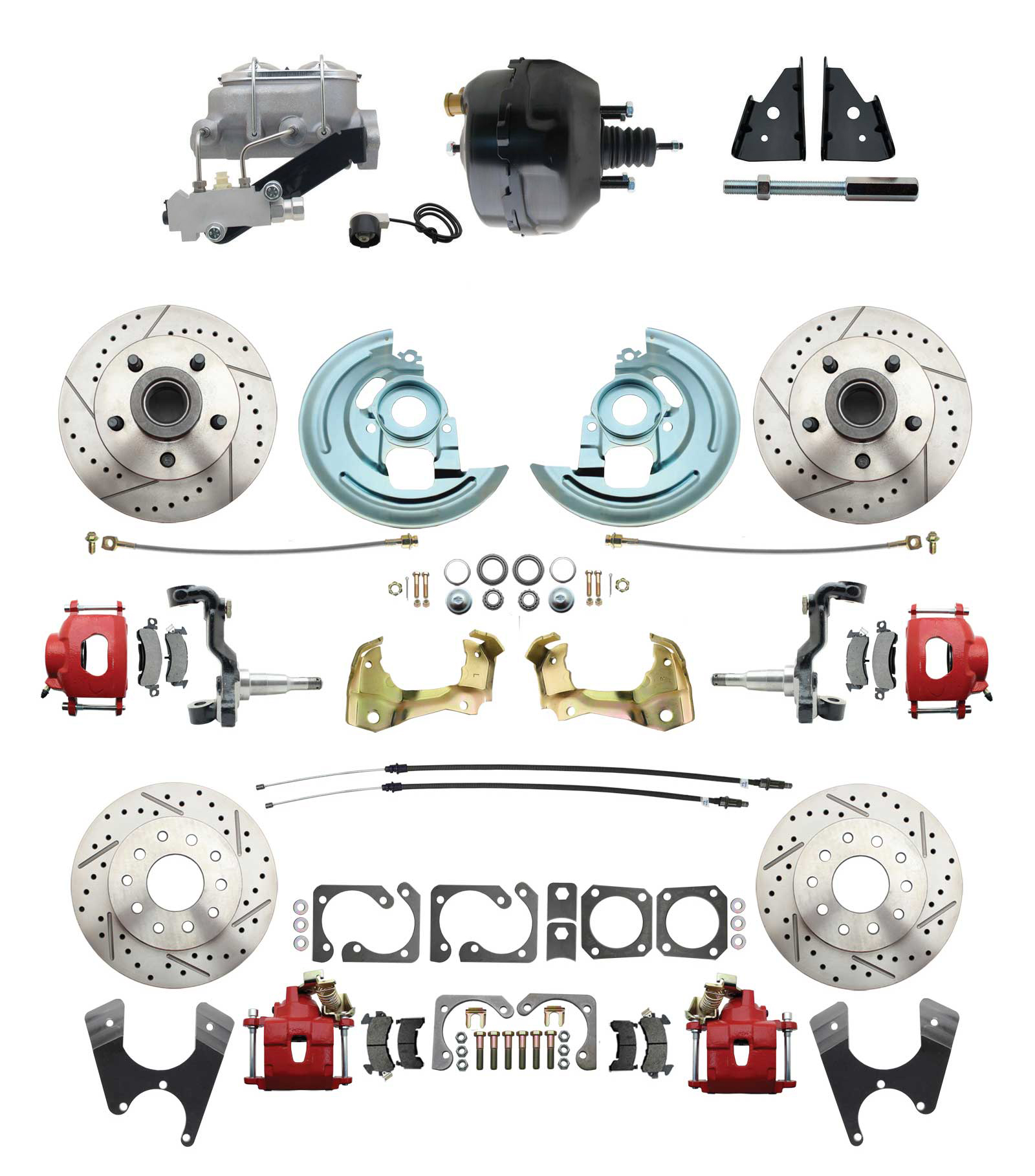 1964-1972 GM A Body Front & Rear Power Disc Brake Conversion Kit Drilled & Slotted & Powder Coated Red Calipers Rotors 9 Dual Powder Coated Black Booster Kit
