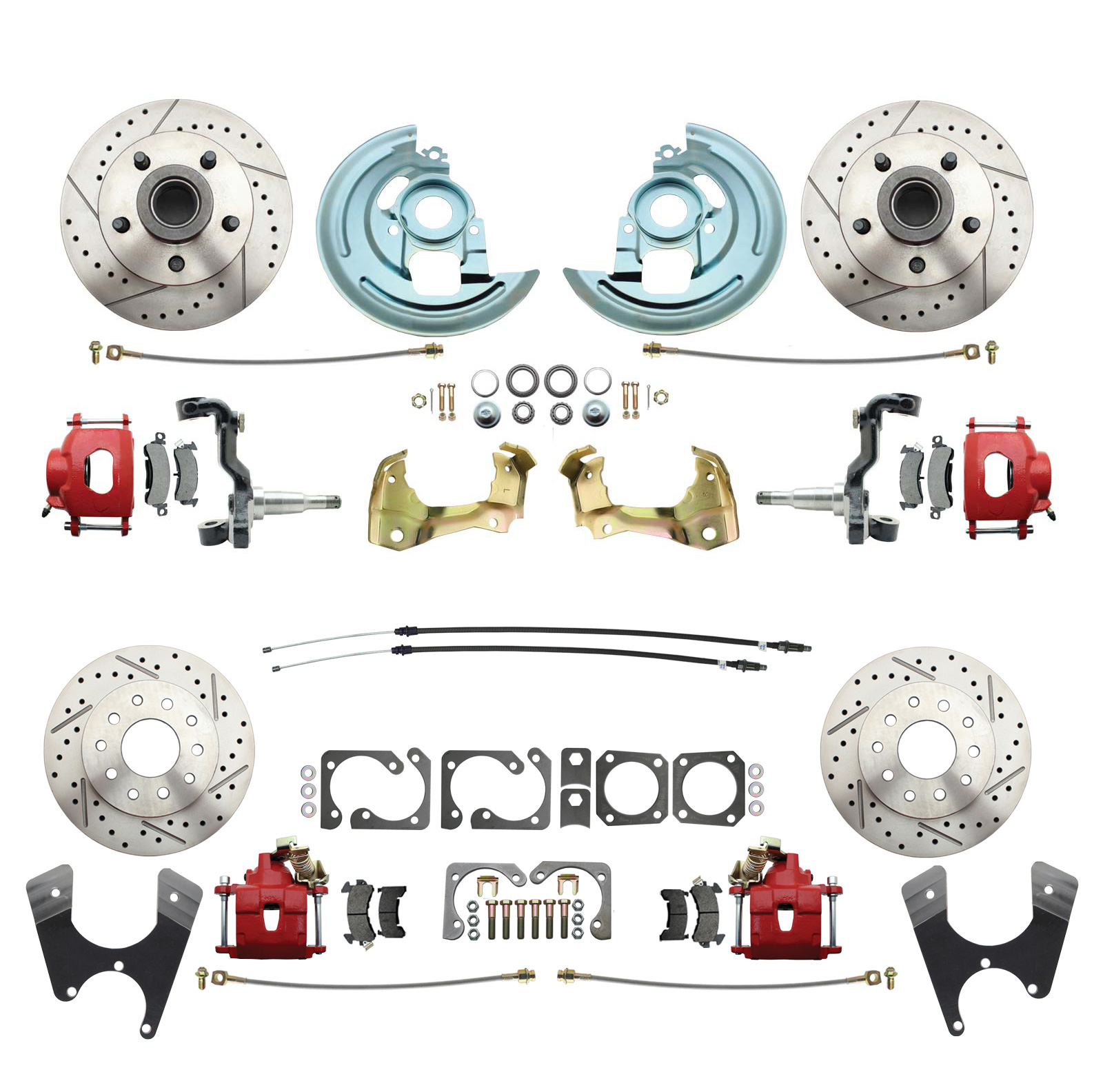 1964-1972 GM A Body (Chevelle, GTO, Cutlass) Stock Height Front & Rear Disc Brake Kit W/ Drilled & Slotted Rotors Red Calipers