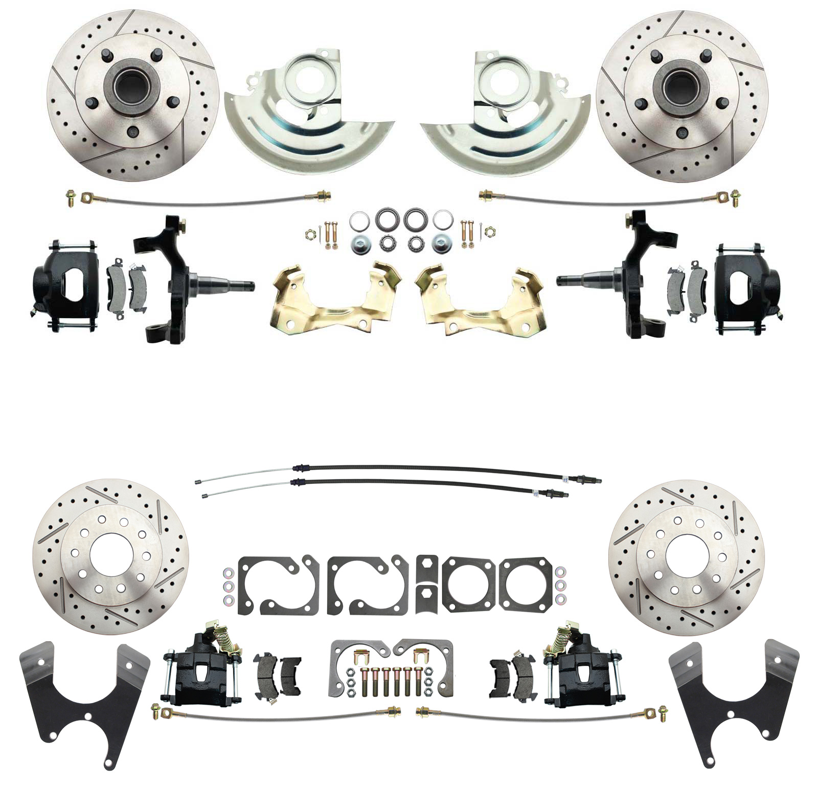 1964-1972 GM A Body (Chevelle, GTO, Cutlass) 2 Drop Front & Rear Disc Brake Kit W/ Drilled & Slotted Rotors Black Calipers
