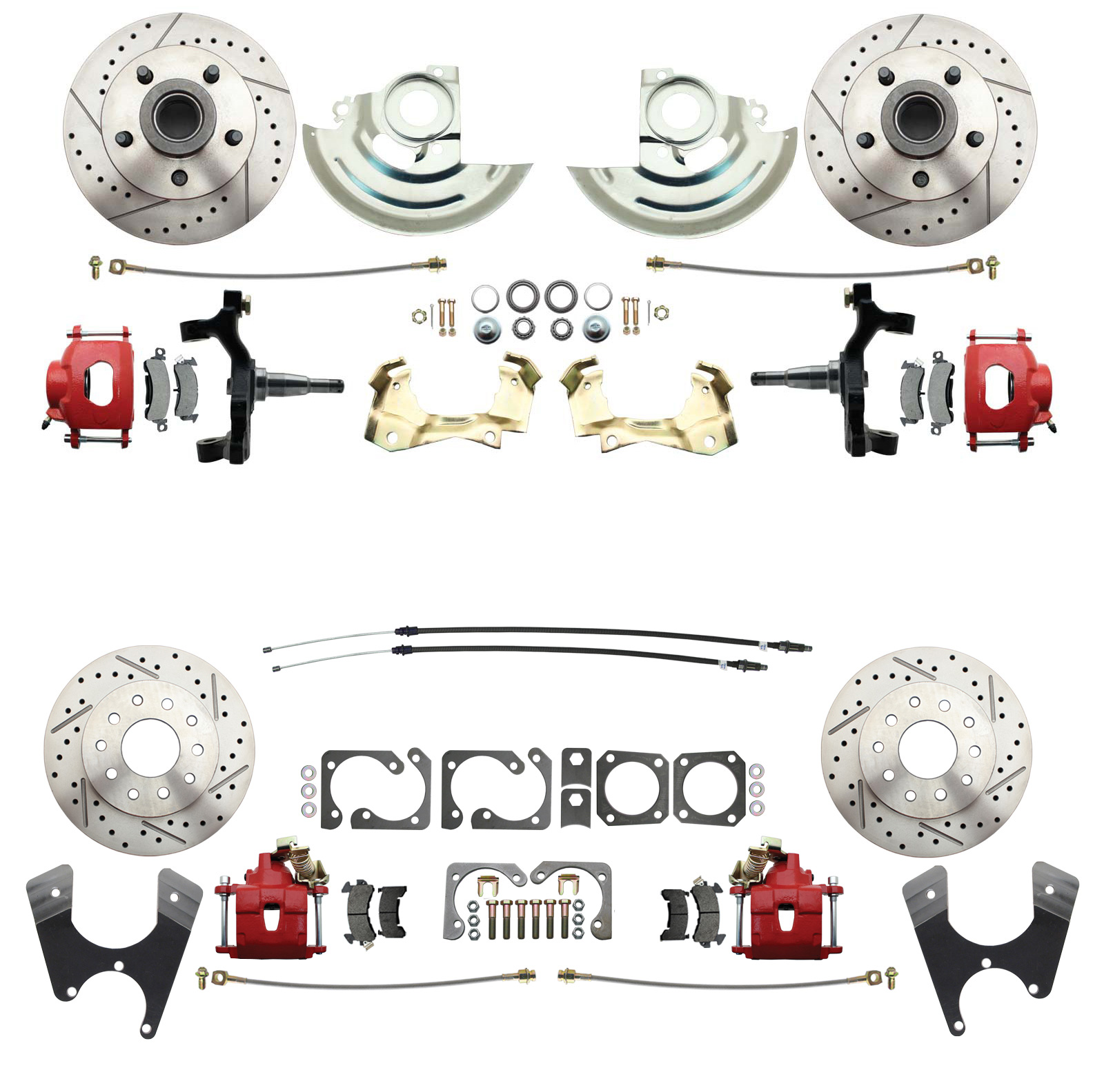 1964-1972 GM A Body (Chevelle, GTO, Cutlass) 2 Drop Front & Rear Disc Brake Kit W/ Drilled & Slotted Rotors Red Calipers