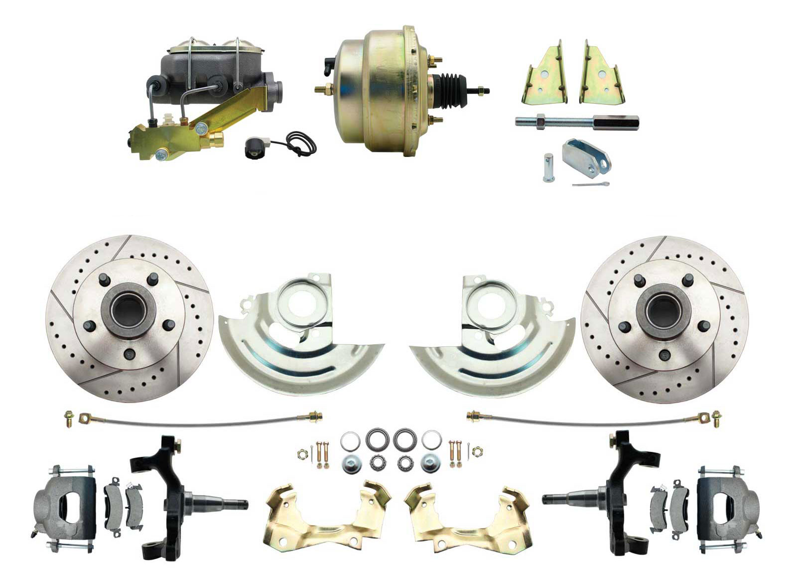 1964-1972 GM A Body Front Power 2 Drop Disc Brake Conversion Kit Drilled & Slotted Rotors W/ 8 Dual Zinc Booster Kit