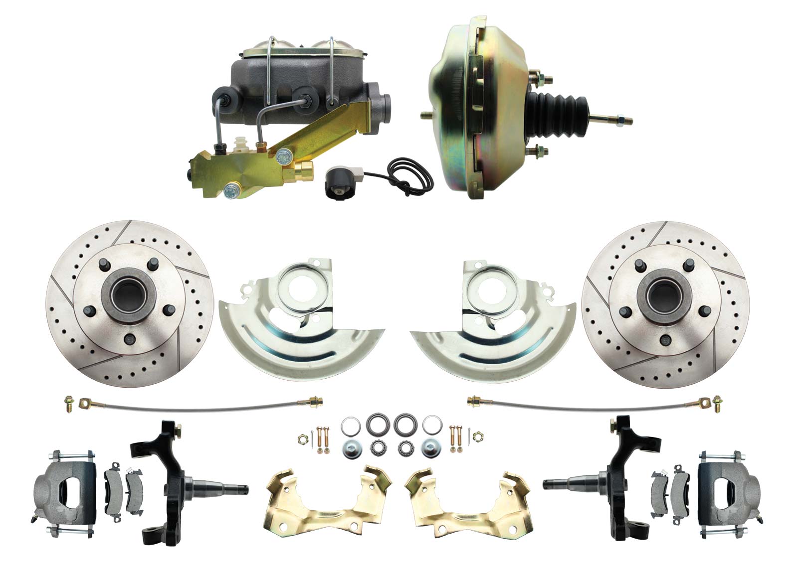 1964-1972 GM A Body Front Power 2 Drop Disc Brake Conversion Kit Drilled & Slotted Rotors W/ 9 Single Zinc Booster Kit