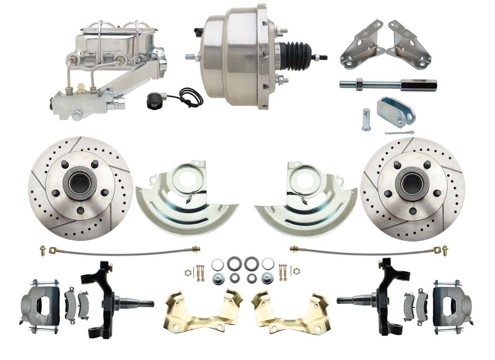 1964-1972 GM A Body Front Power 2 Drop Disc Brake Conversion Kit Drilled & Slotted Rotors W/ 8 8 Dual Chrome Booster Kit