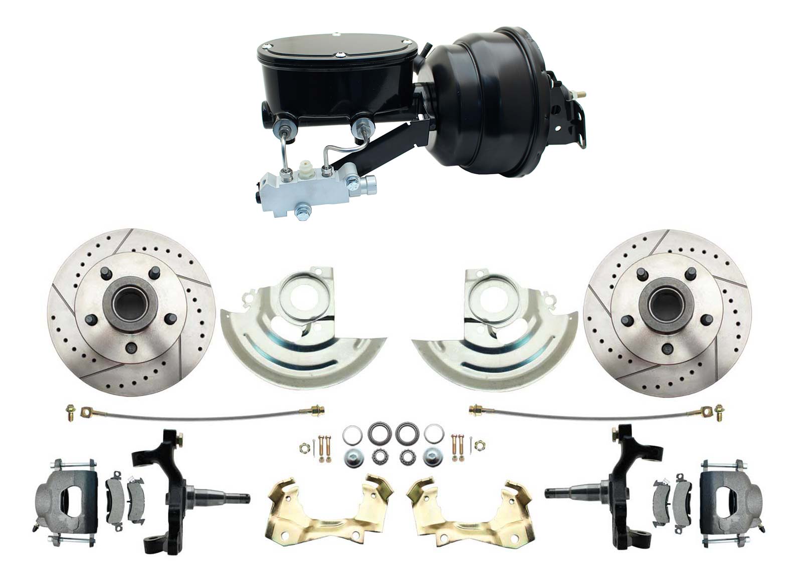 1964-1972 GM A Body 2 Drop Front Power Disc Brake Conversion Kit Drilled & Slotted Rotors W/ 8 Dual Wilwood Style Booster Kit