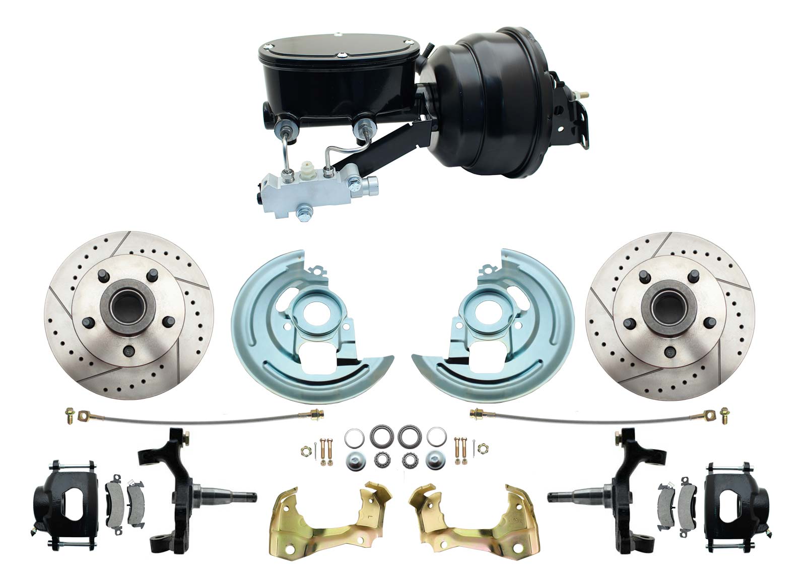 1964-1972 GM A Body Front Power 2 Drop Disc Brake Conversion Kit Drilled & Slotted Rotors Black Powder Coated Calipers W/ 8 Dual Wilwood Style Booster Kit