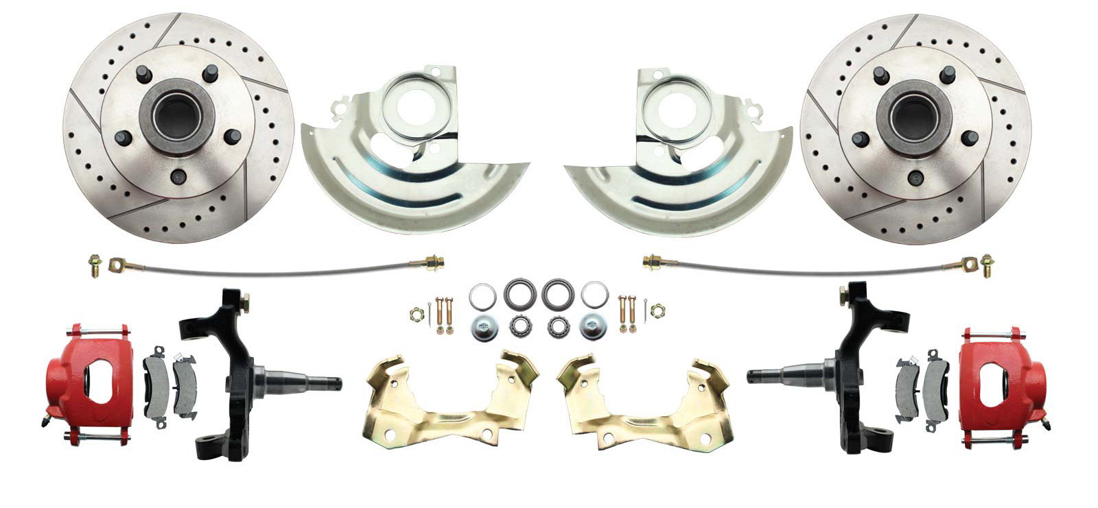 1964-1972 GM A Body (Chevelle, GTO, Cutlass) 2 Drop Front Disc Brake Kit W/ Drilled & Slotted Rotors Red Calipers