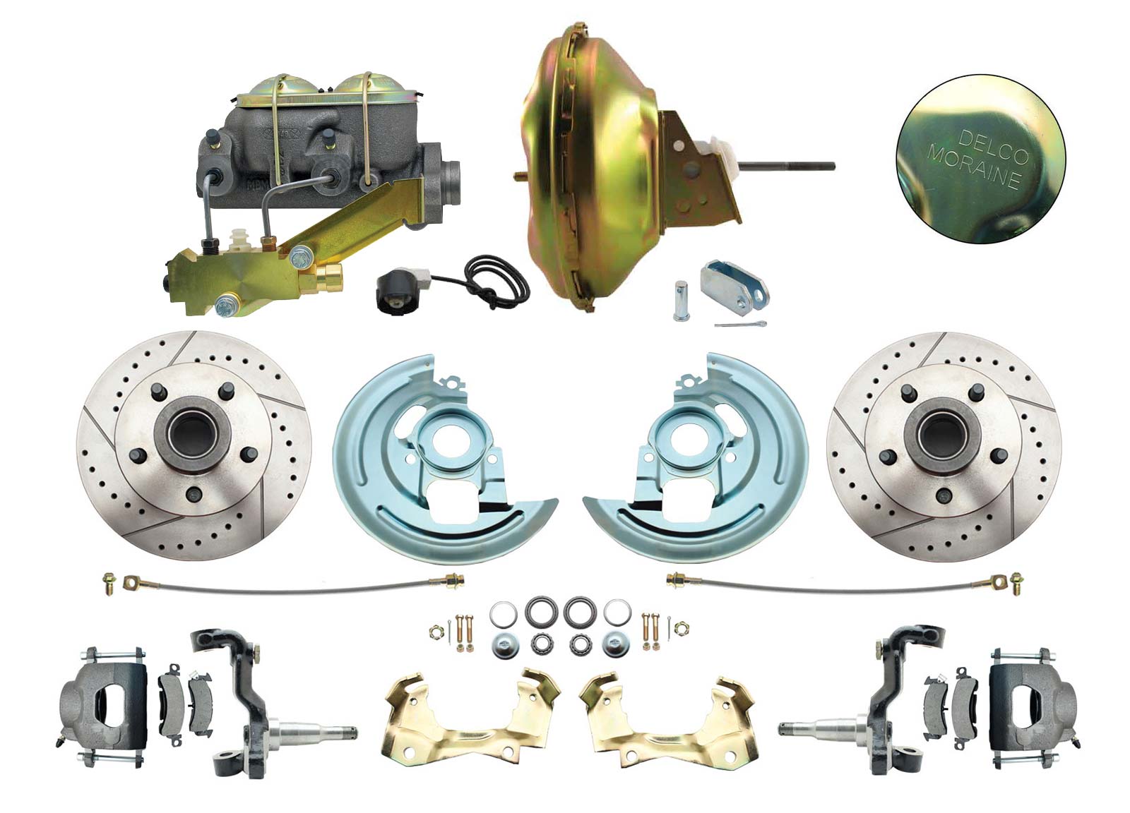 1964-1972 GM A Body Front Power Disc Brake Conversion Kit Drilled/ Slotted Rotors W/ 11 Delco Moraine Stamped Zinc Booster Kit & Casting Number Master