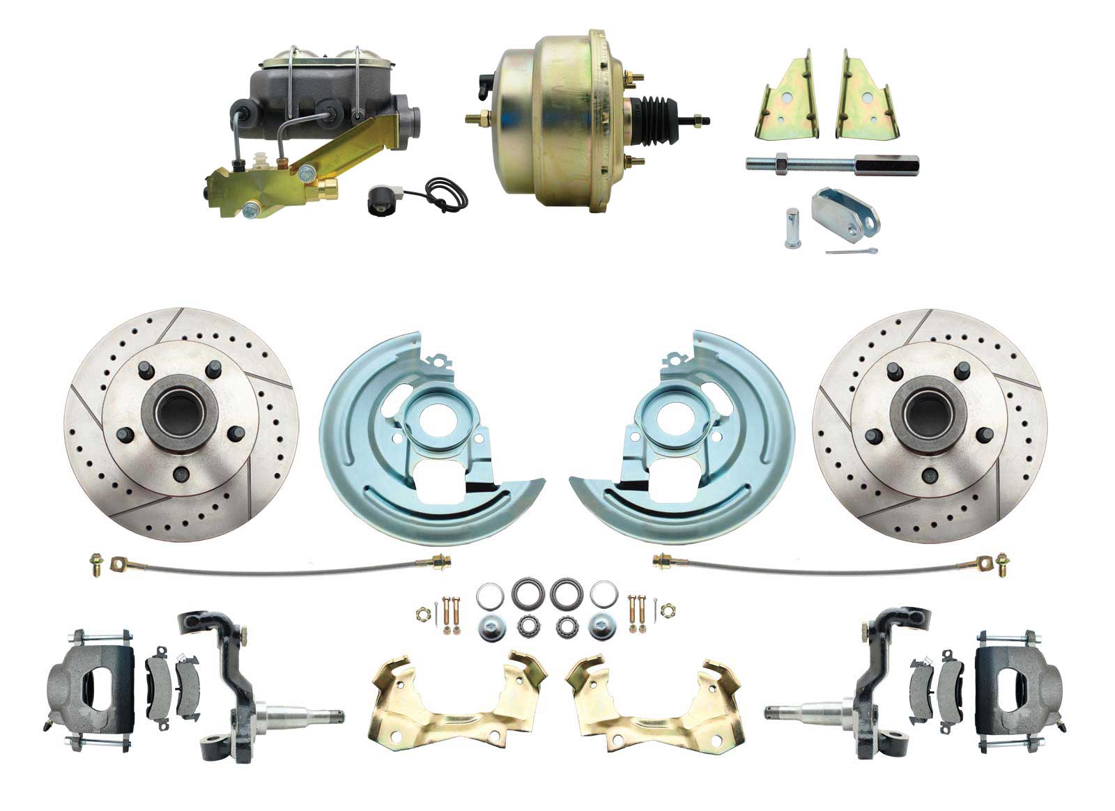 1964-1972 GM A Body Front Power Disc Brake Conversion Kit Drilled/ Slotted Rotors W/ 8  Dual Zinc Booster Kit