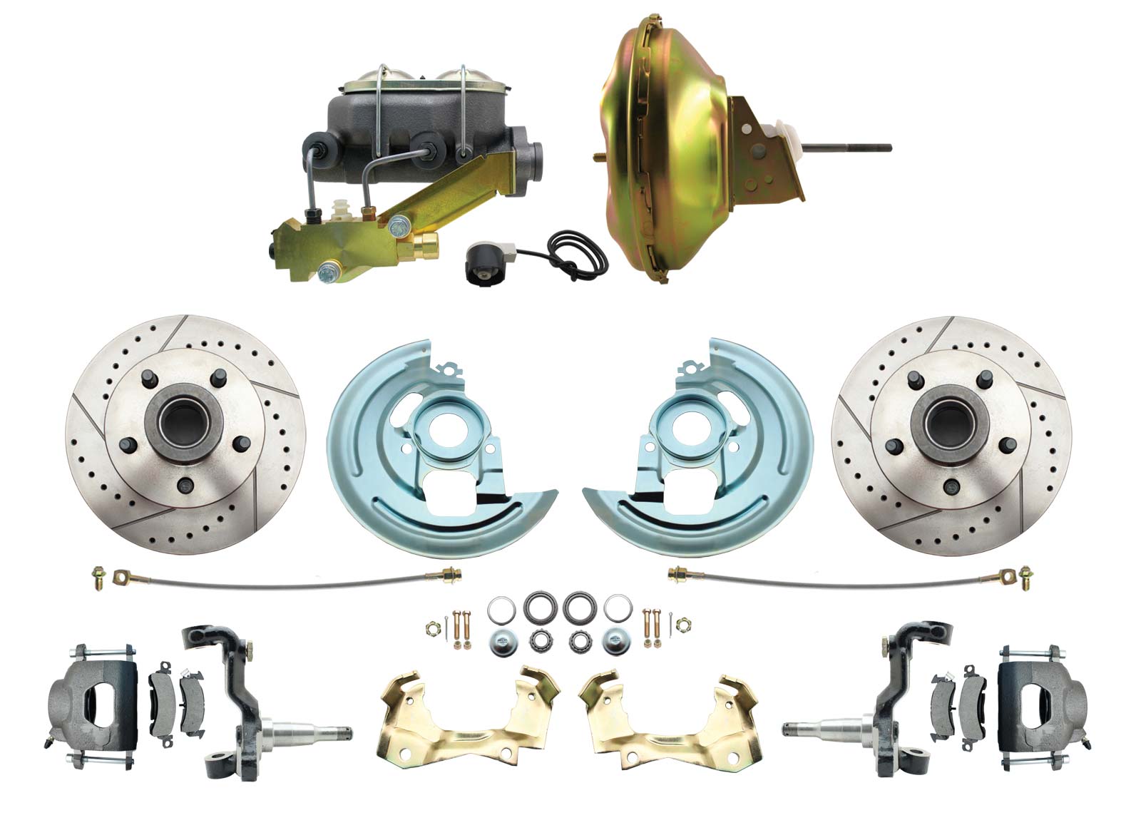 1964-1972 GM A Body Front Power  Disc Brake Conversion Kit Drilled & Slotted Rotors W/ 11 Single Delco Moraine Stamped Zinc Booster Kit