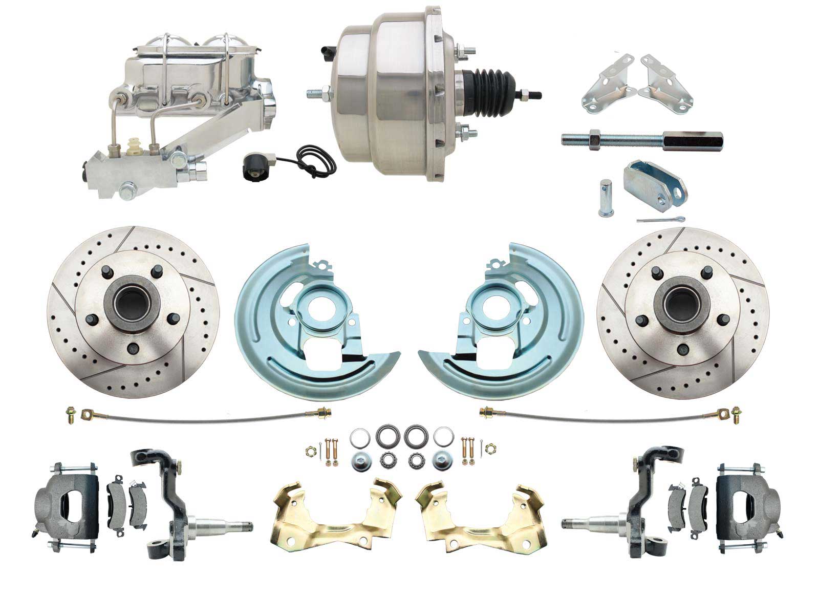 1964-1972 GM A Body Front Power Disc Brake Conversion Kit Drilled & Slotted Rotors W/ 8 Dual Chrome Booster Kit